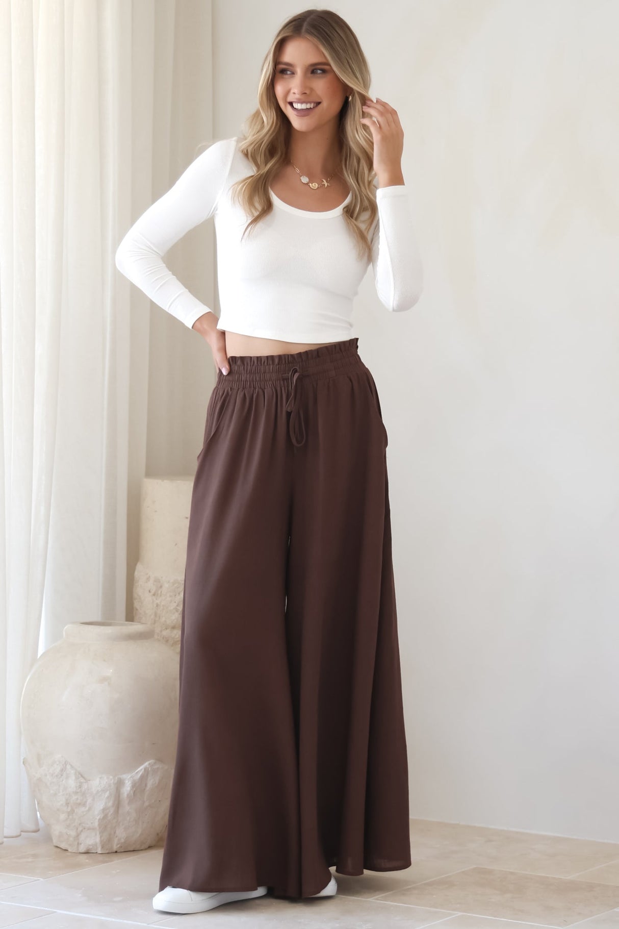 Charli Pants - Paper Bag High Waisted Wide Leg Pants in Brown