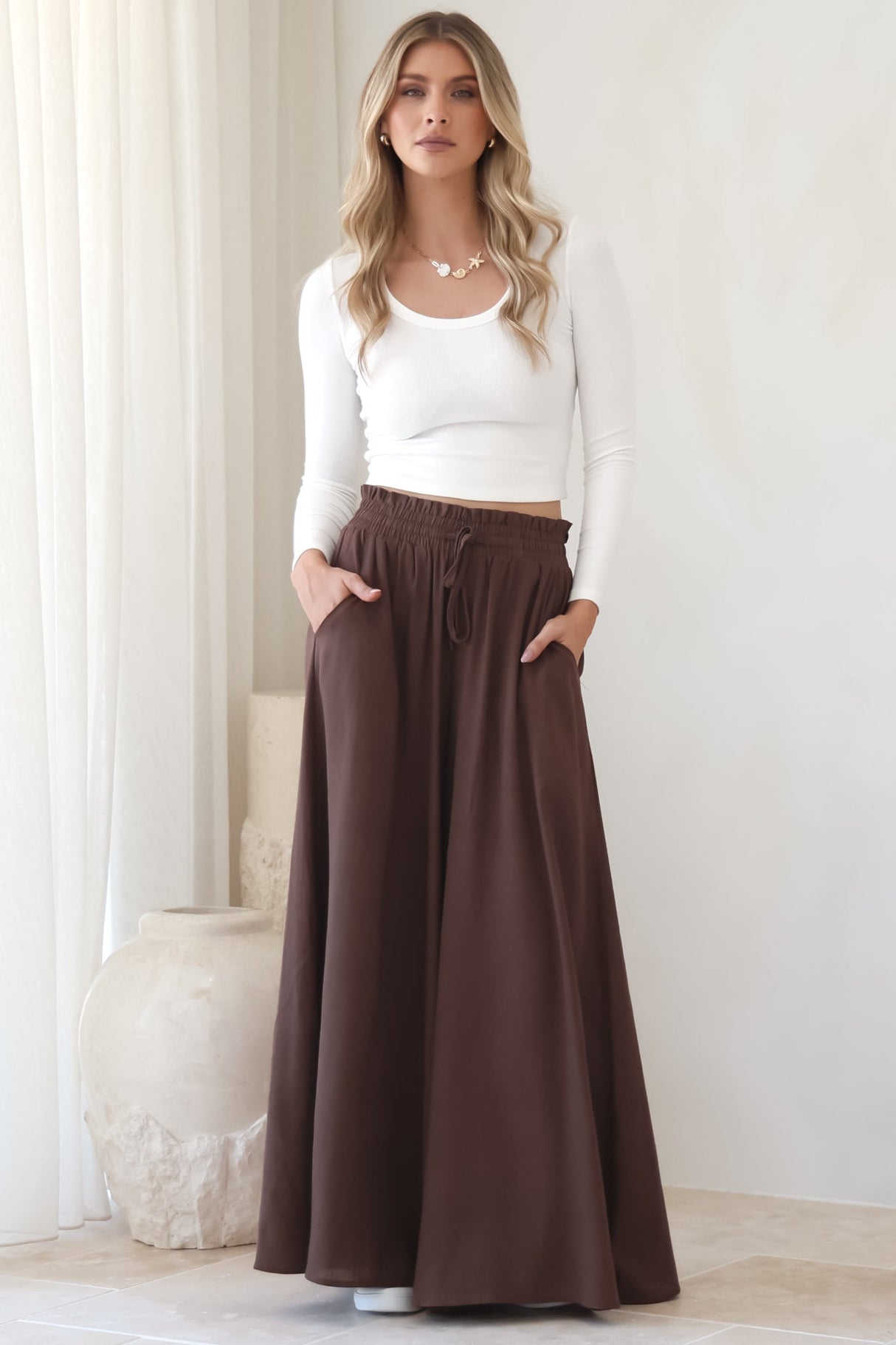 Charli Pants - Paper Bag High Waisted Wide Leg Pants in Brown
