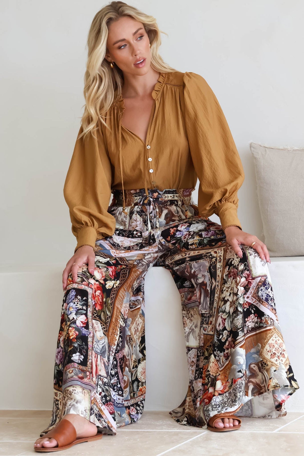 Charli Pants - Paper Bag High Waisted Wide Leg Pants in Elaine Print