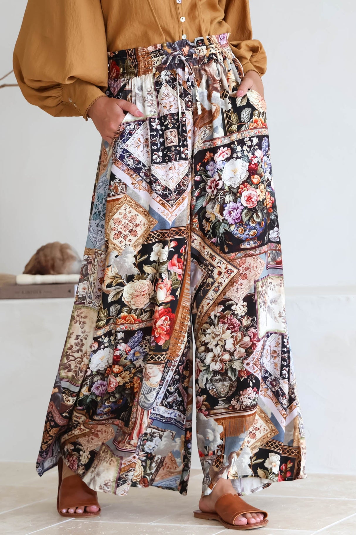 Charli Pants - Paper Bag High Waisted Wide Leg Pants in Elaine Print