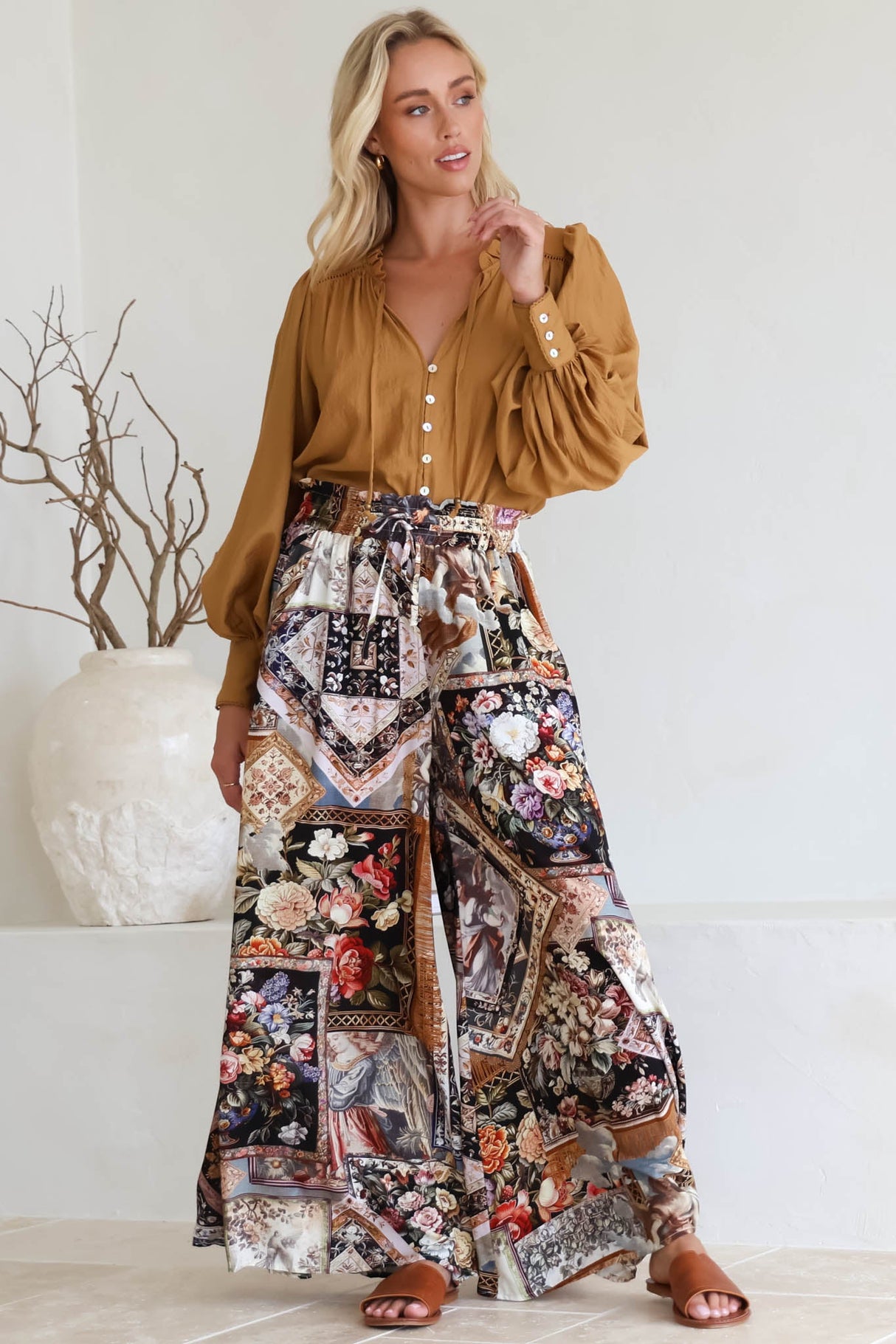Charli Pants - Paper Bag High Waisted Wide Leg Pants in Elaine Print