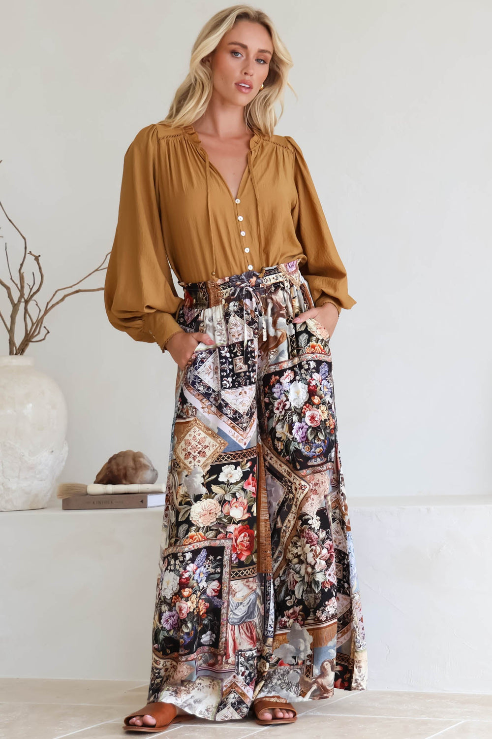 Charli Pants -  Paper Bag High Waisted Wide Leg Pants in Elaine Print