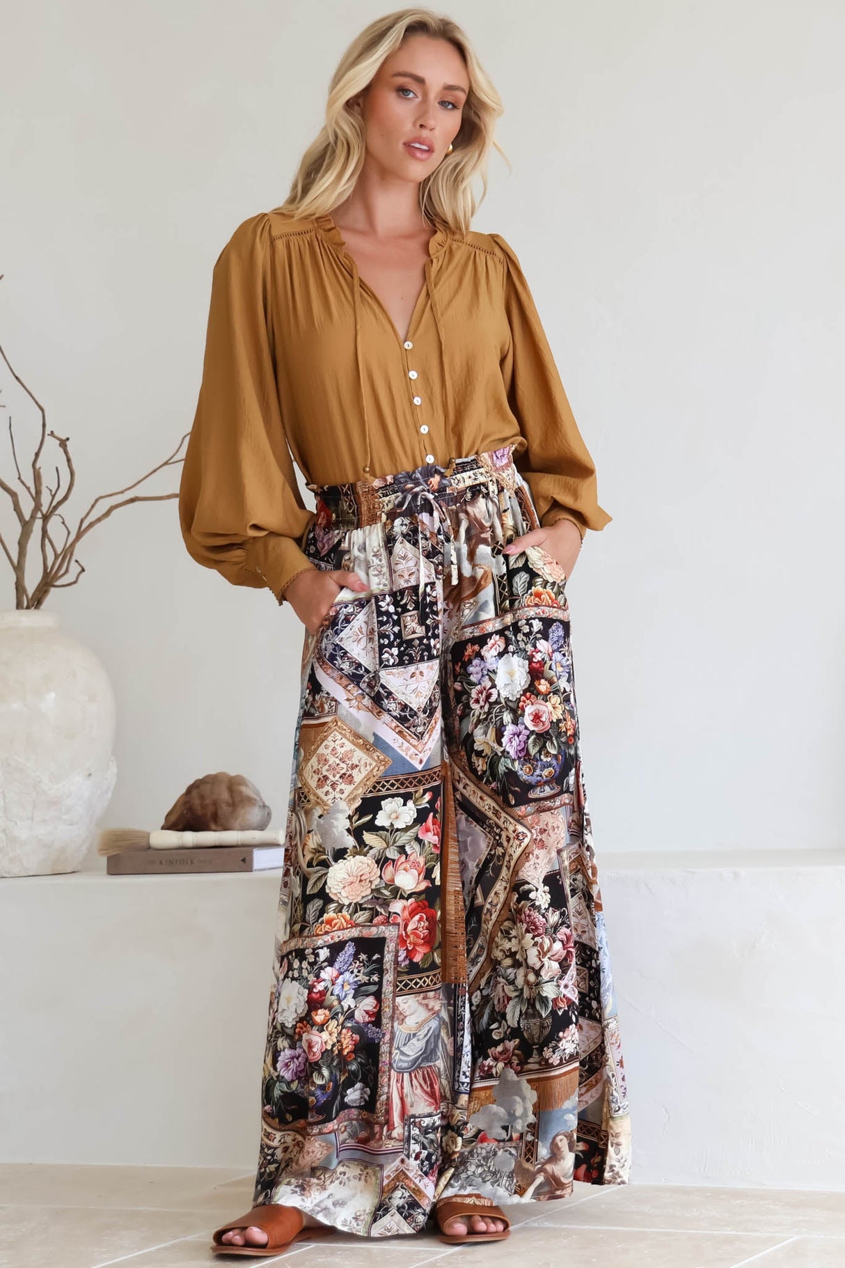 Charli Pants - Paper Bag High Waisted Wide Leg Pants in Elaine Print