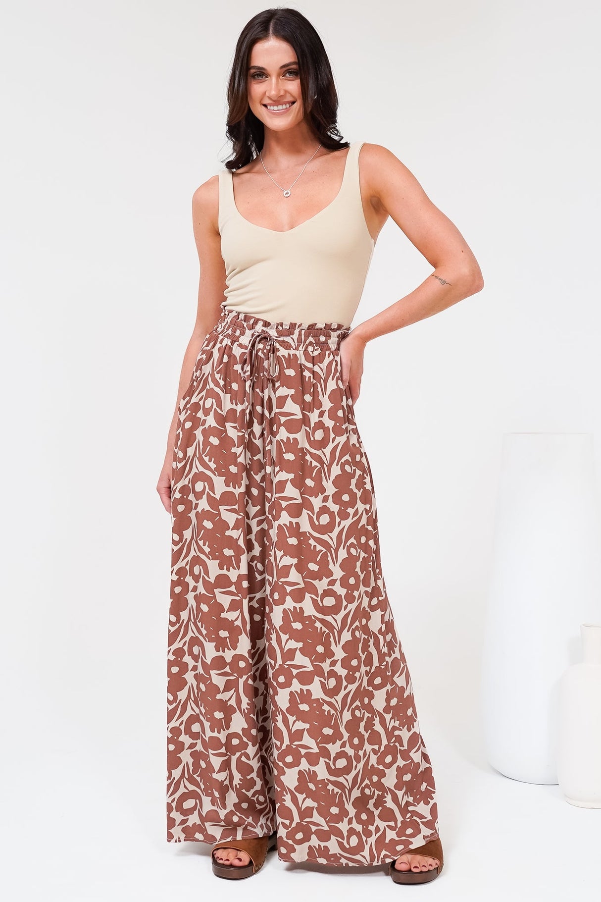 Charli Pants - Paper Bag High Waisted Wide Leg Pants in Emma-Jade Print Brown