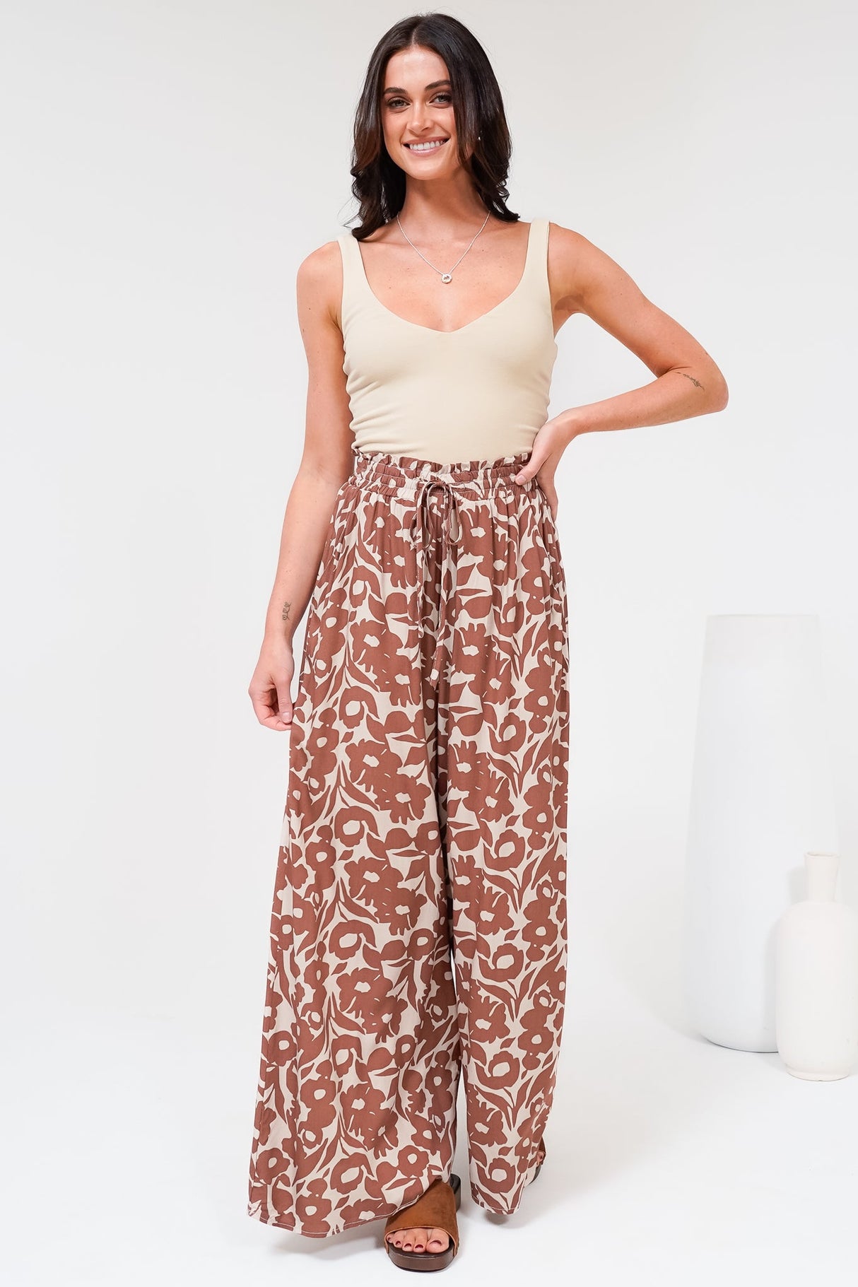 Charli Pants - Paper Bag High Waisted Wide Leg Pants in Emma-Jade Print Brown