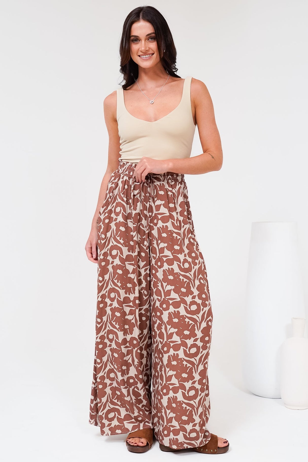 Charli Pants - Paper Bag High Waisted Wide Leg Pants in Emma-Jade Print Brown