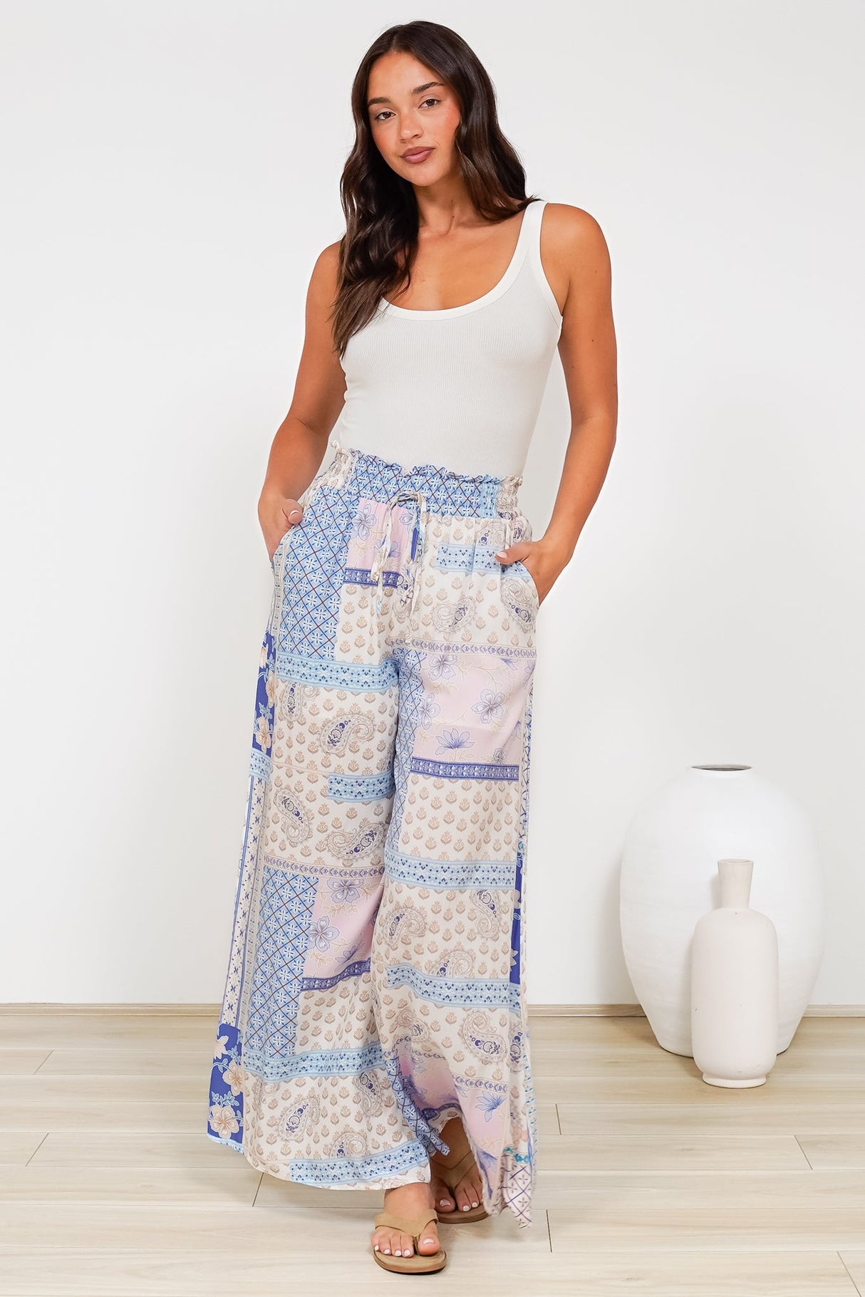 Charli Pants - Paper Bag High Waisted Wide Leg Pants in Evelon Print
