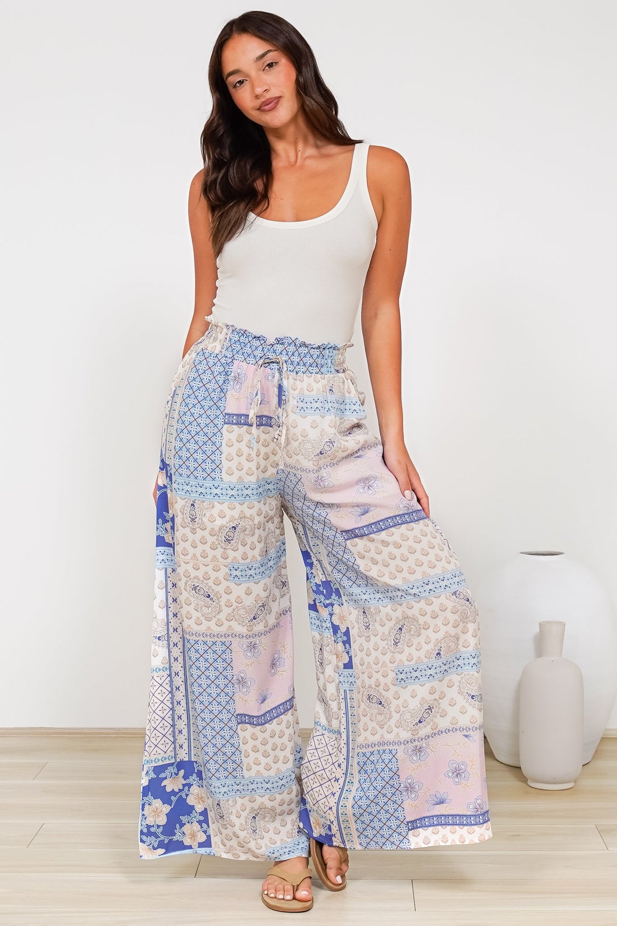 Charli Pants - Paper Bag High Waisted Wide Leg Pants in Evelon Print
