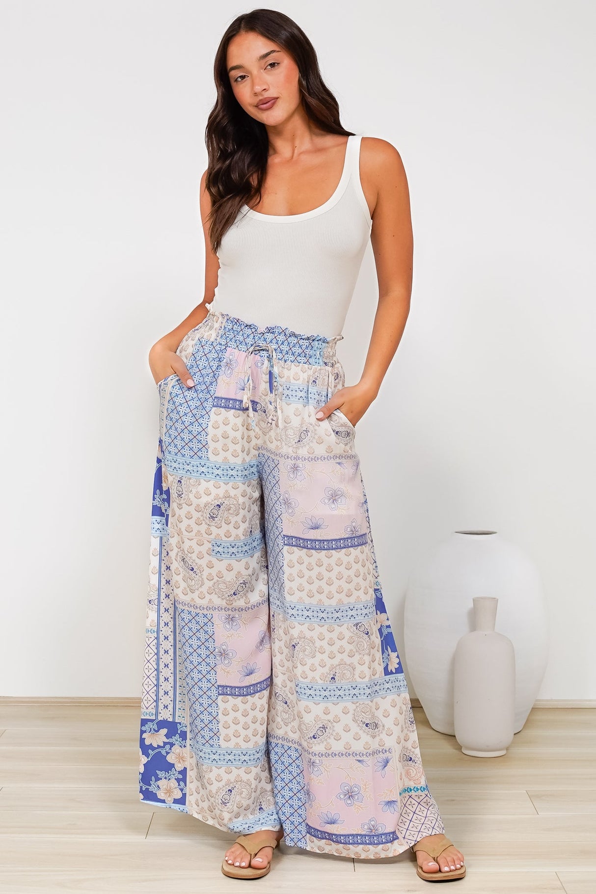 Charli Pants - Paper Bag High Waisted Wide Leg Pants in Evelon Print