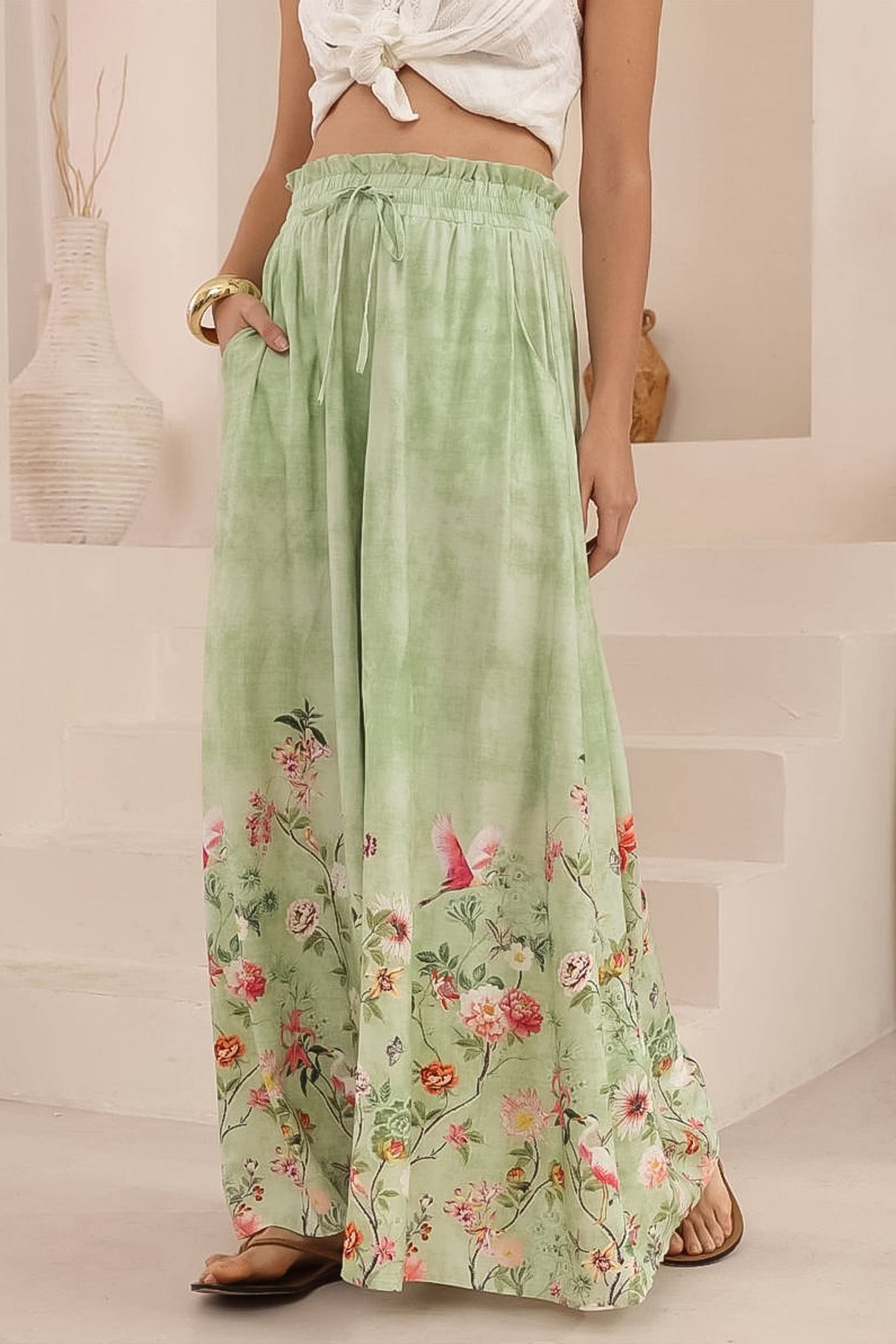 Charli Pants - Paper Bag High Waisted Wide Leg Pants in Ferngully Print