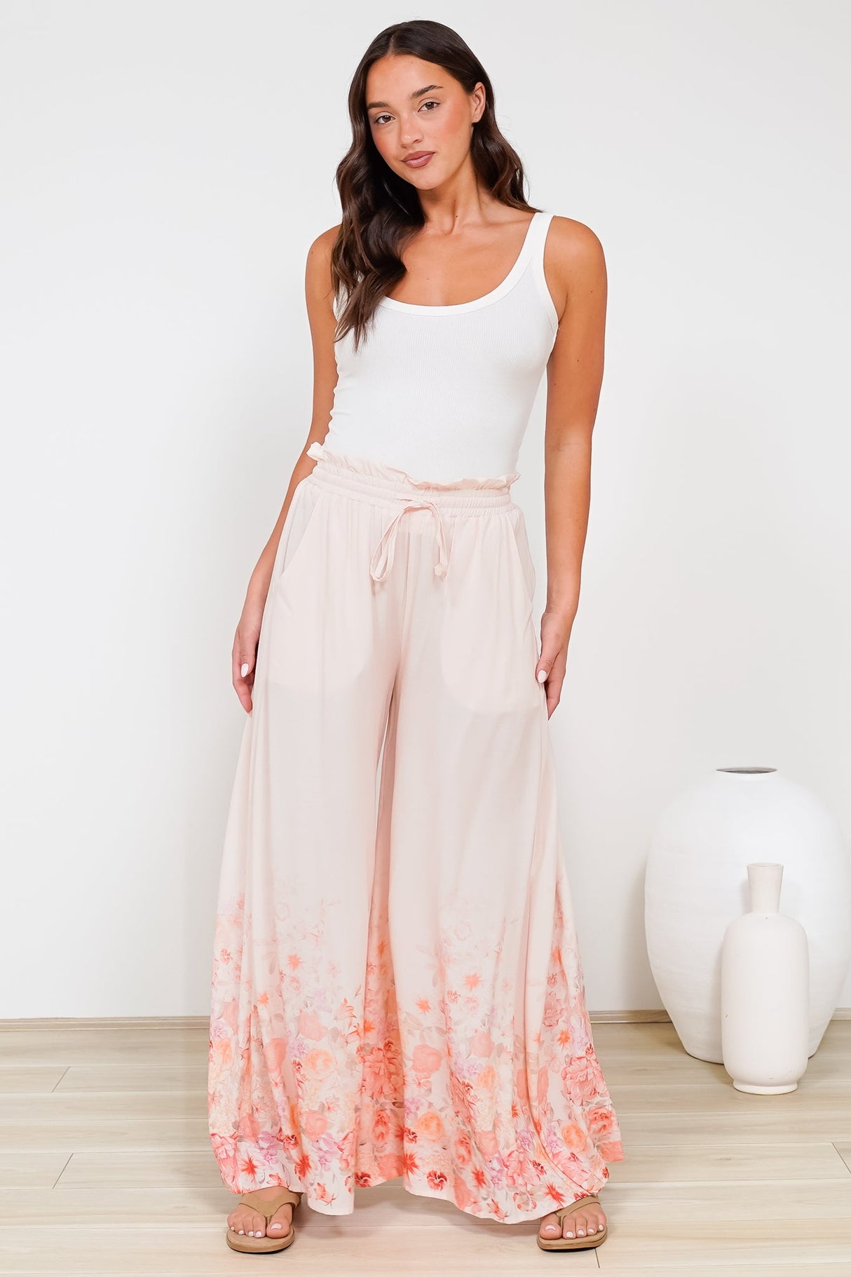 Charli Pants - Paper Bag High Waisted Wide Leg Pants in Florence Print Pink