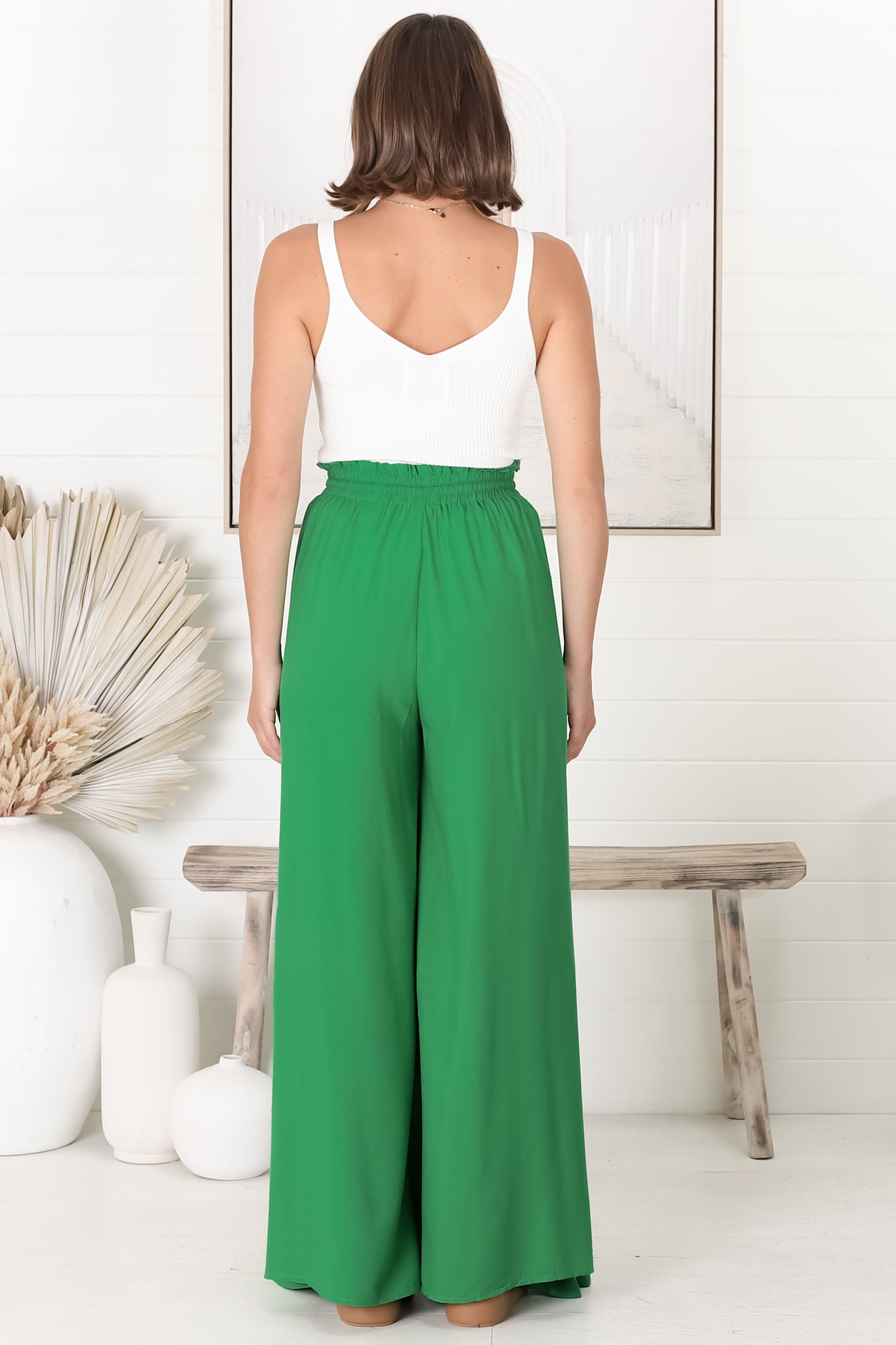 Charli Pants - Paper Bag High Waisted Wide Leg Pants in Green