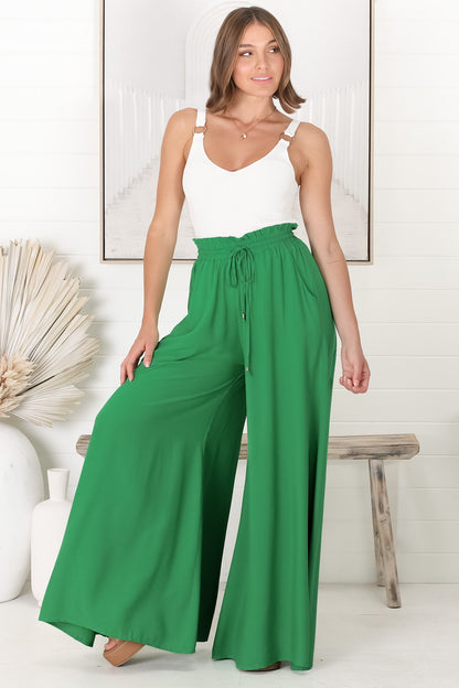 Charli Pants - Paper Bag High Waisted Wide Leg Pants in Green