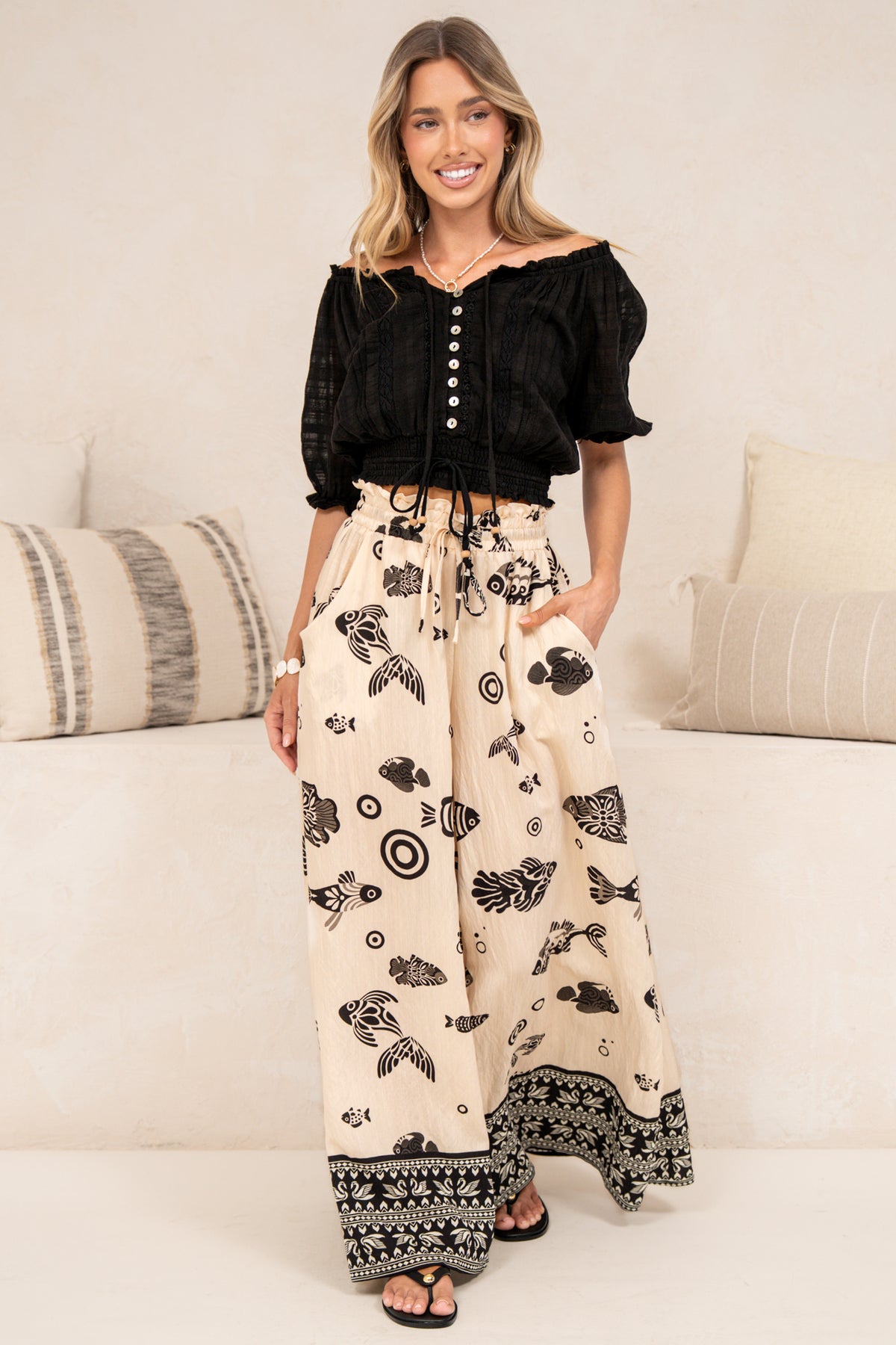 Charli Pants - Paper Bag High Waisted Wide Leg Pants in Maren Print