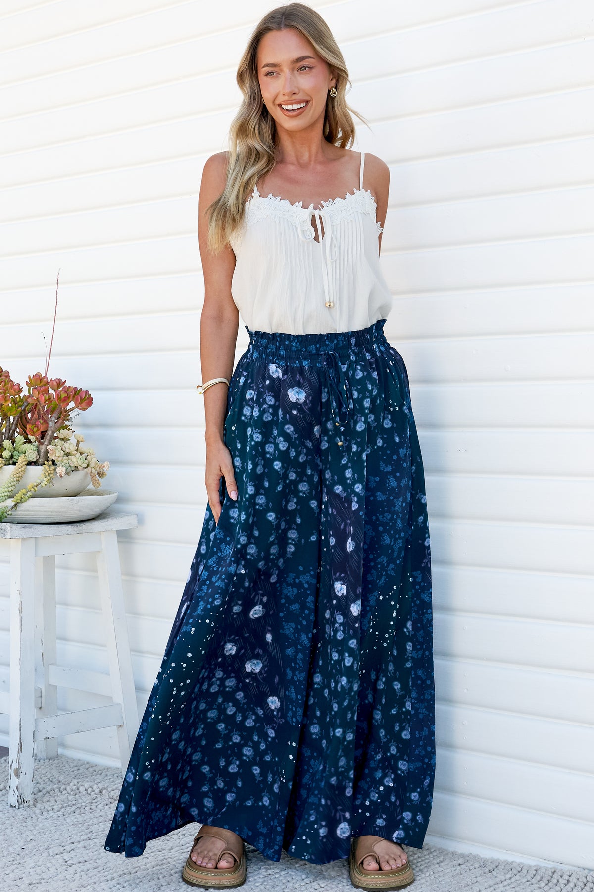 Charli Pants - Paper Bag High Waisted Wide Leg Pants in Noelle Print
