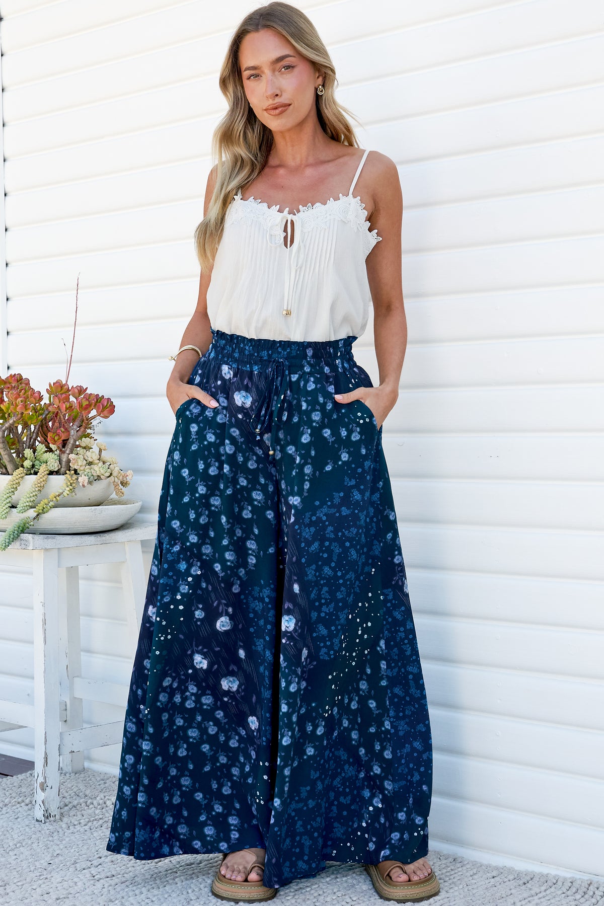 Charli Pants - Paper Bag High Waisted Wide Leg Pants in Noelle Print