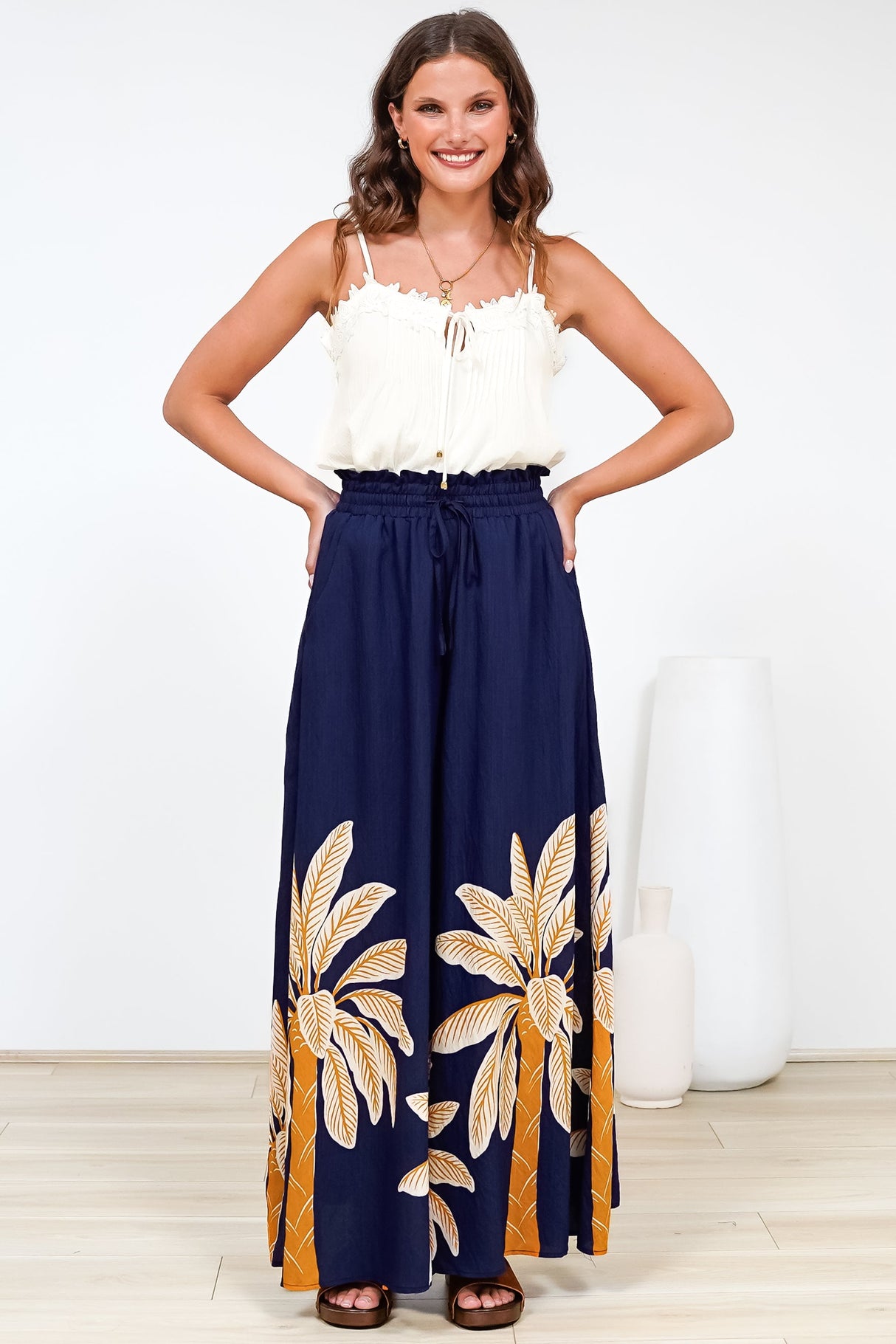 Charli Pants - Paper Bag High Waisted Wide Leg Pants in Raphael Print