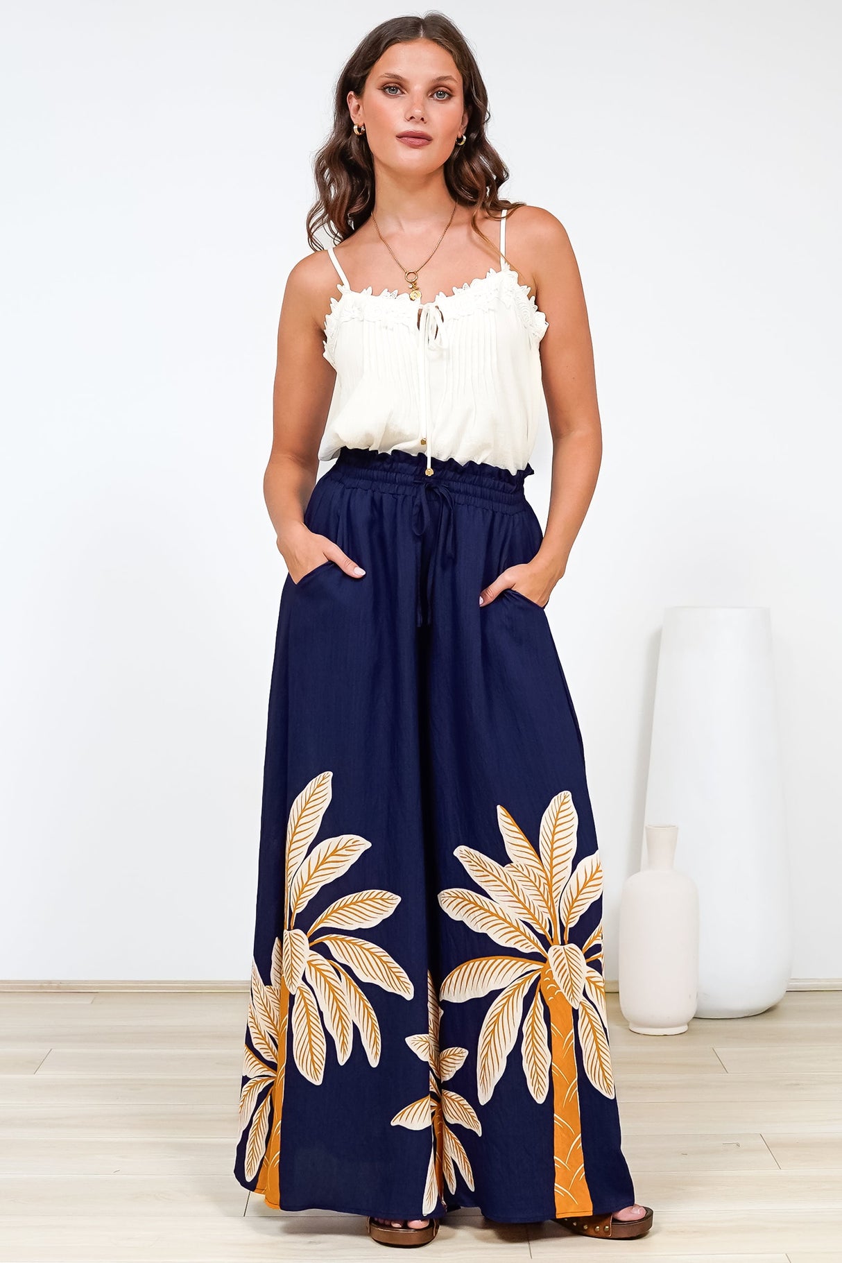 Charli Pants - Paper Bag High Waisted Wide Leg Pants in Raphael Print