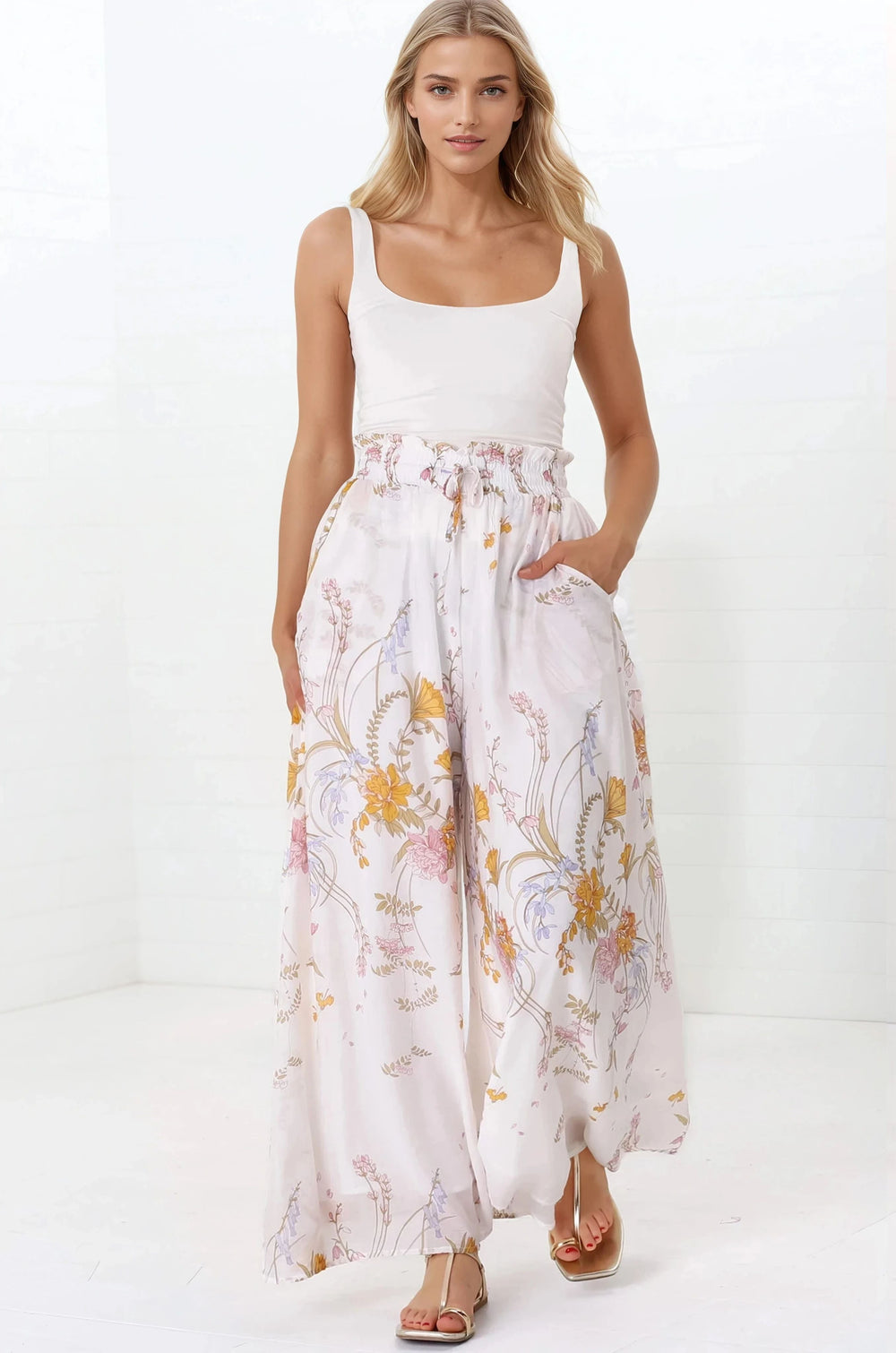 Charli Pants - Paper Bag High Waisted Wide Leg Pants in Sheree Print