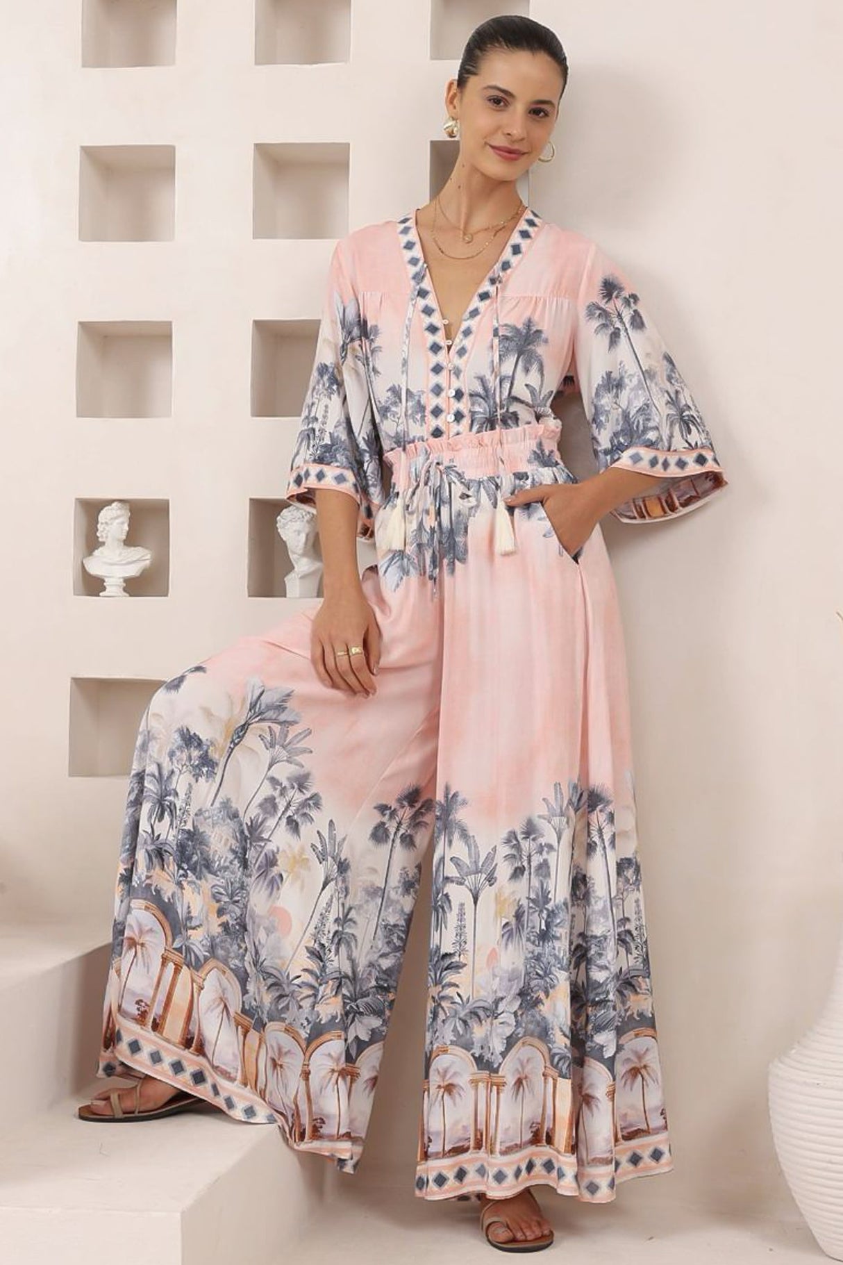 Charli Pants - Paper Bag High Waisted Wide Leg Pants in Armena Print