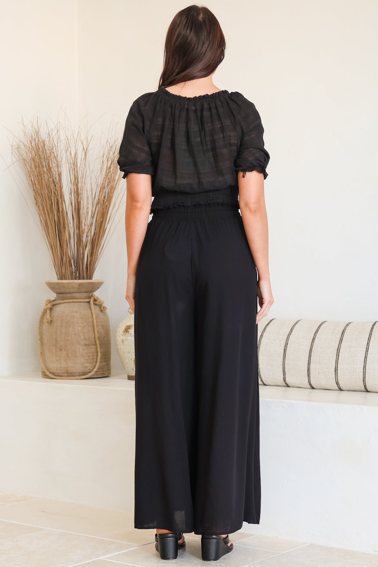 Charli Pants - Paper Bag High Waisted Wide Leg Pants in Black