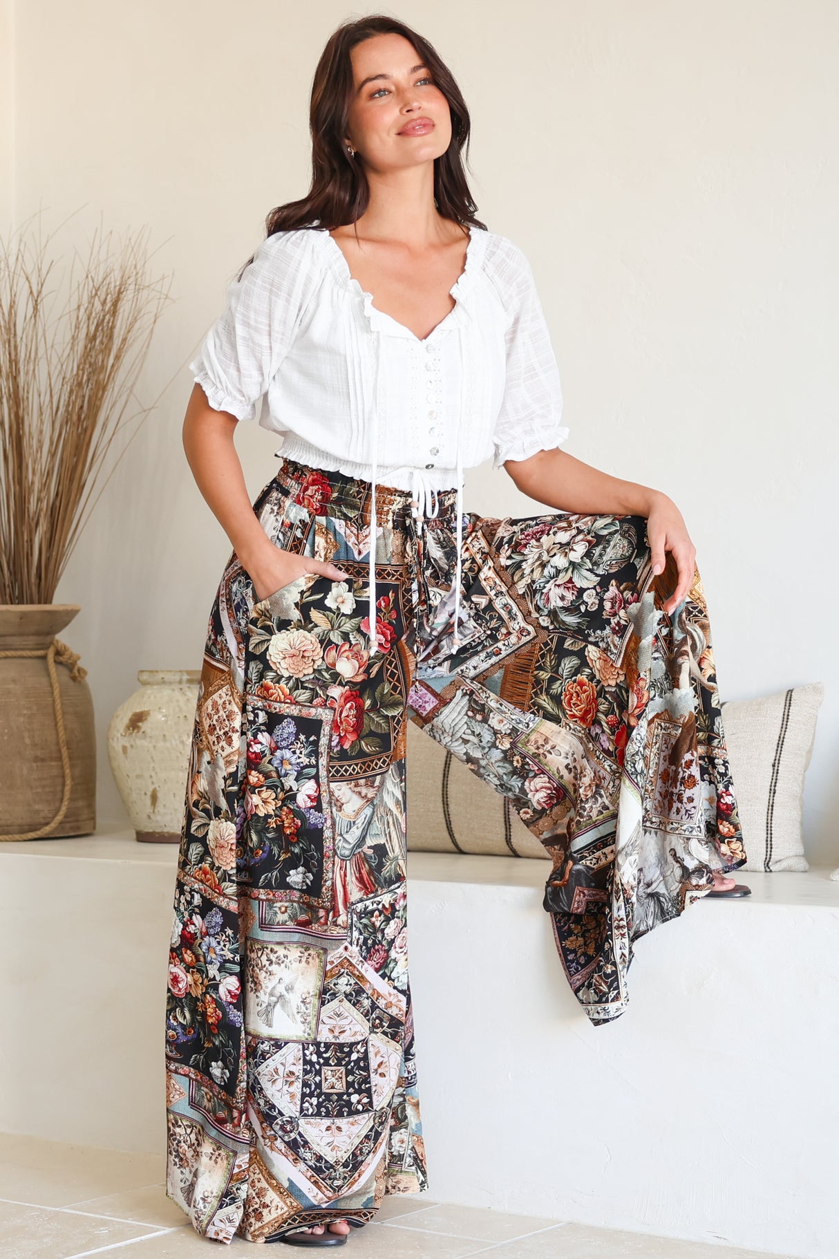 Charli Pants - Paper Bag High Waisted Wide Leg Pants in Elaine Print