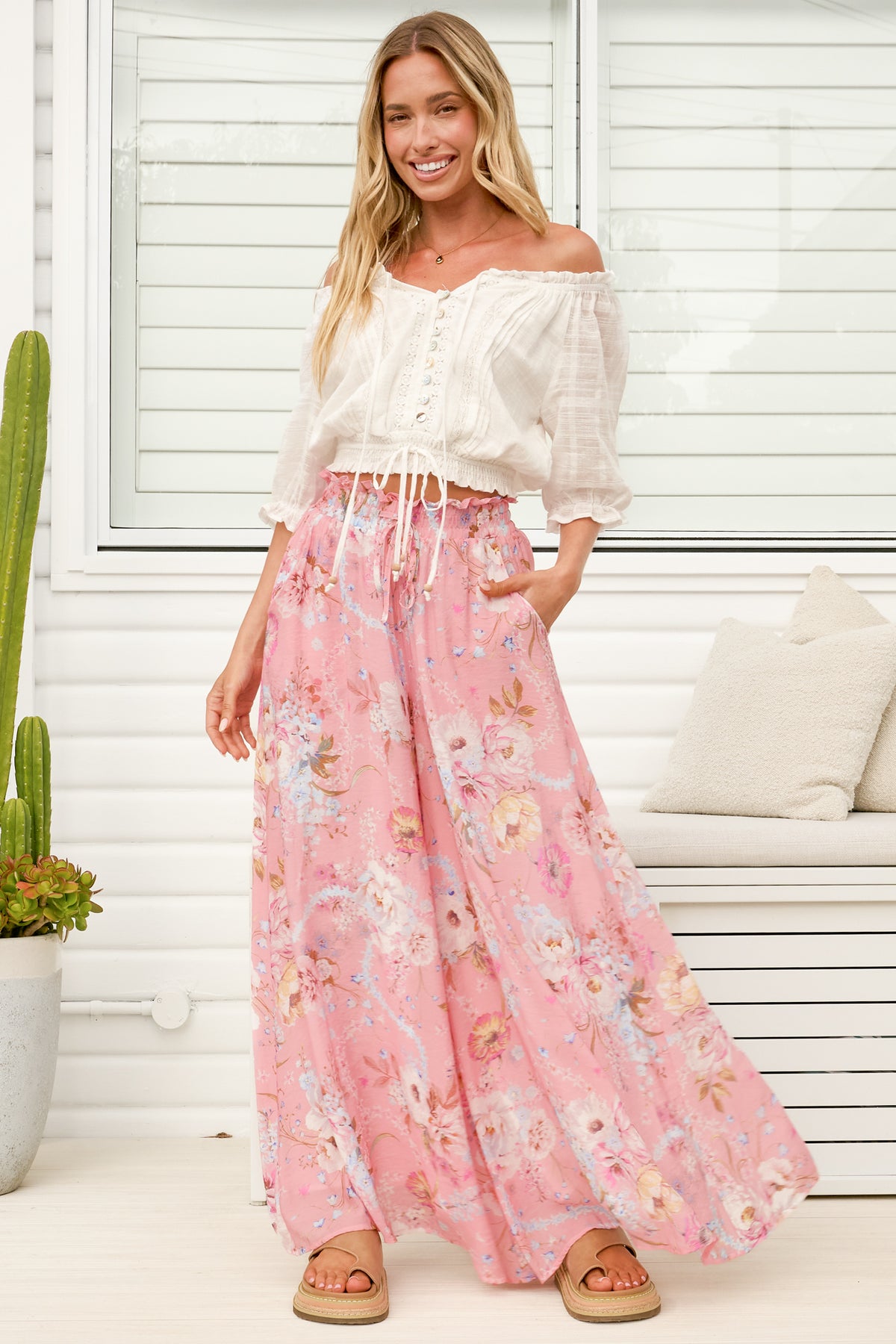 Charli Pants - Paper Bag High Waisted Wide Leg Pants in Ginnee Print