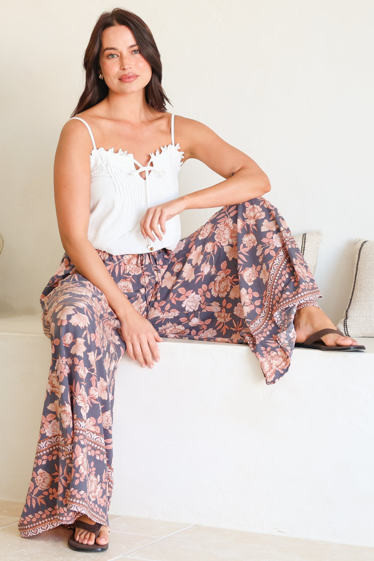 Charli Pants - Paper Bag High Waisted Wide Leg Pants in Leandra Print