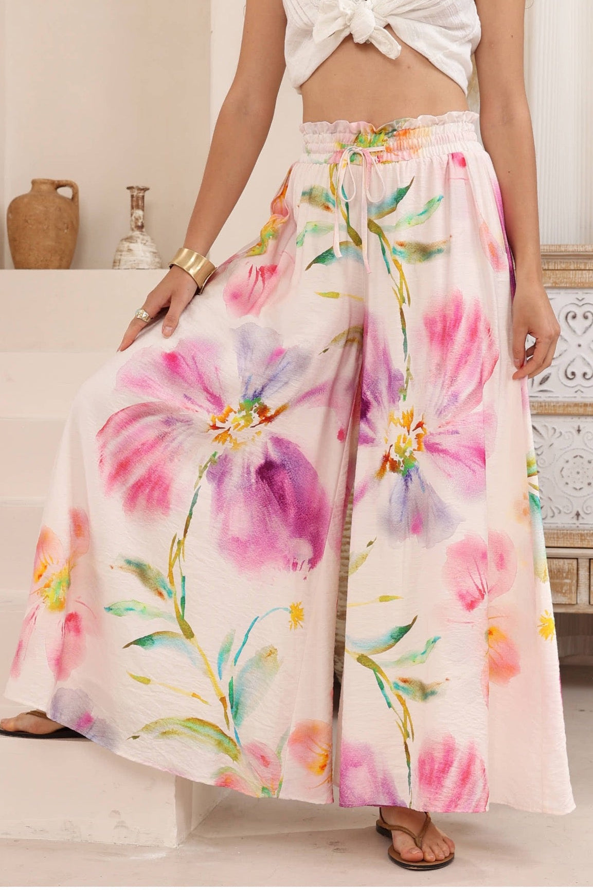 Charli Pants - Paper Bag High Waisted Wide Leg Pants in Alaria Print