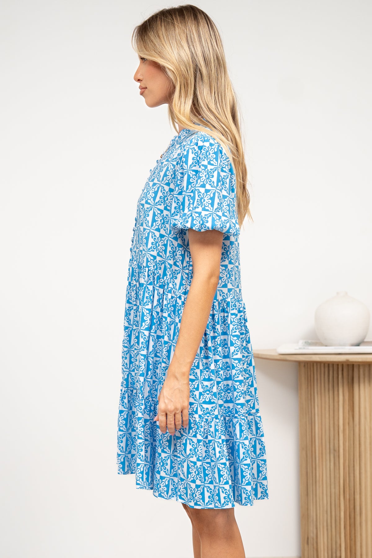 Chelle Mini Dress - Mandarin Collar Short Puff Sleeve Dress with Pockets in Dory Print