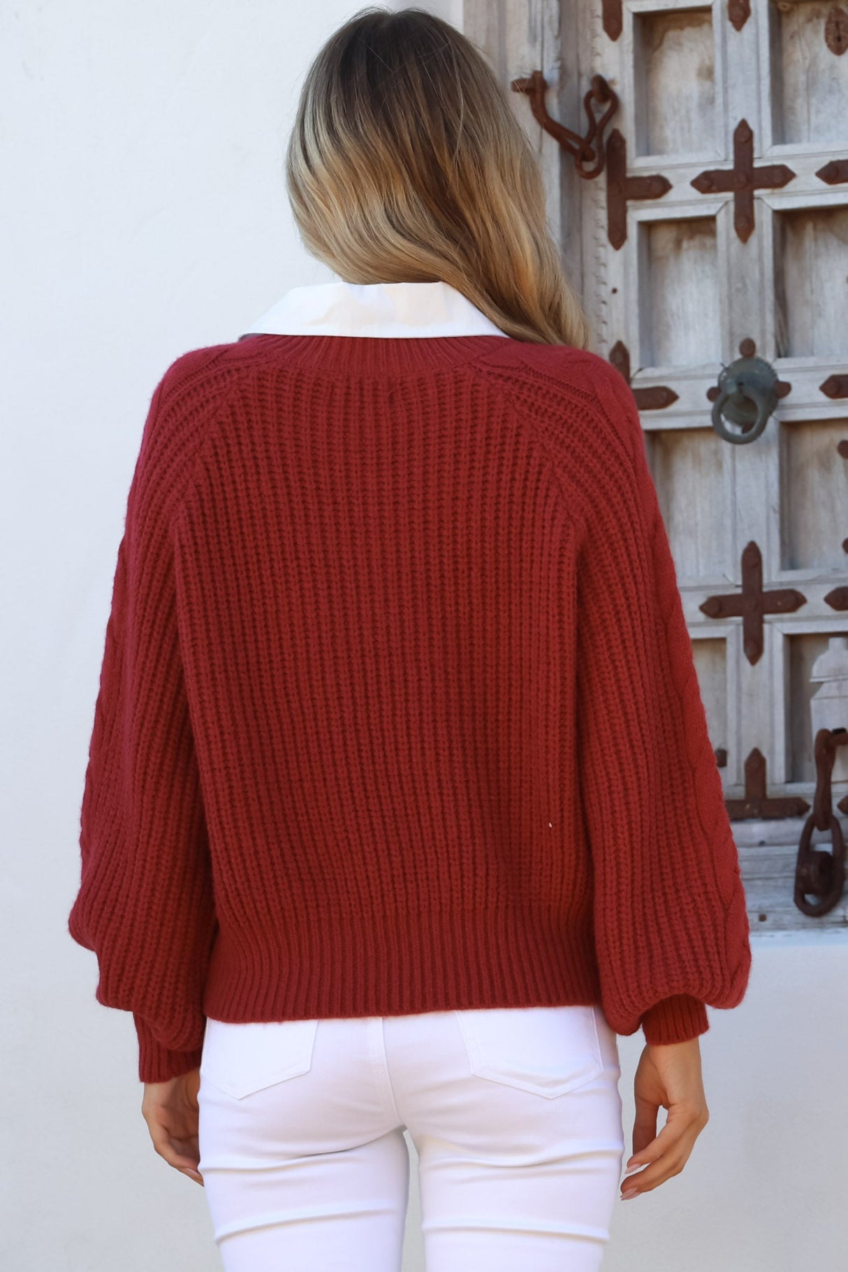 Cher Jumper - Sewn in Collar V-Neck Cable Knit Jumper in Wine