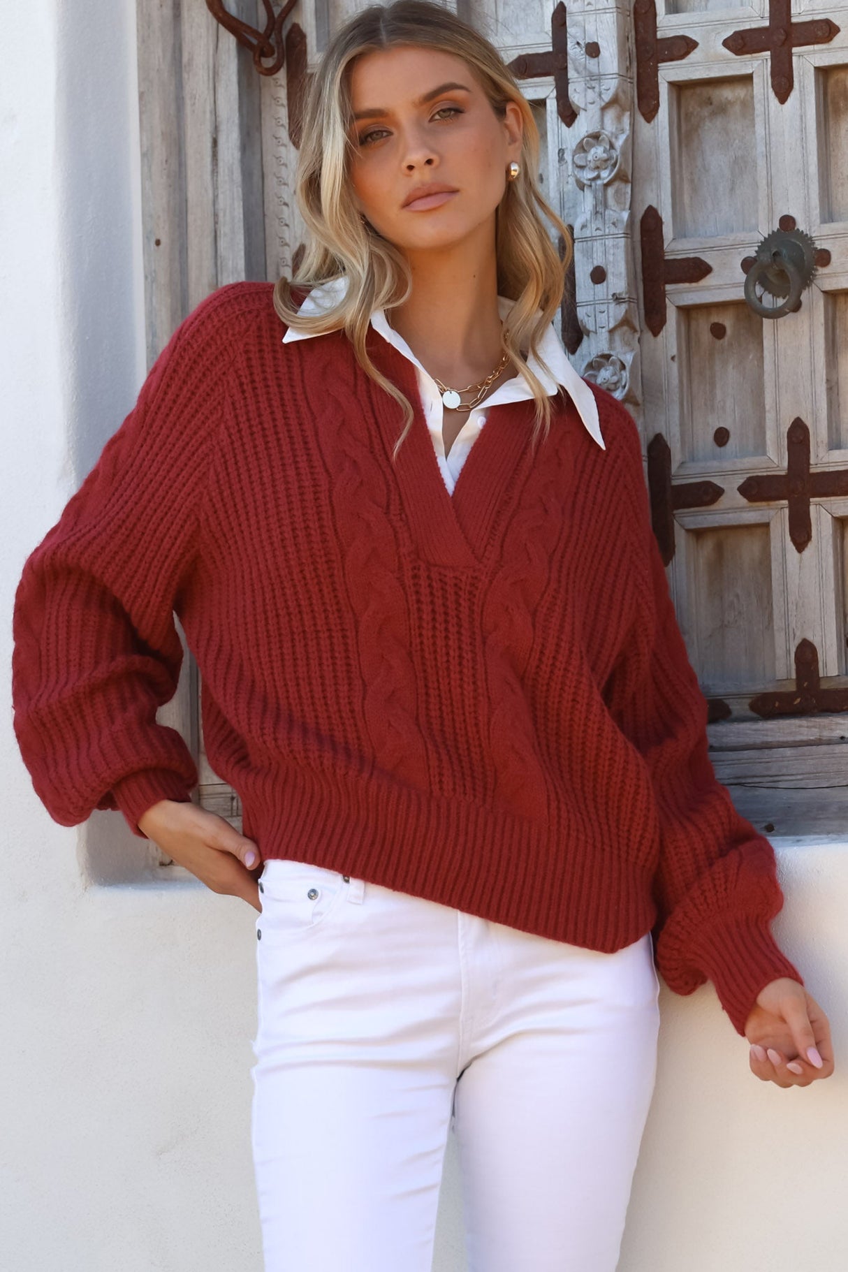 Cher Jumper - Sewn in Collar V-Neck Cable Knit Jumper in Wine