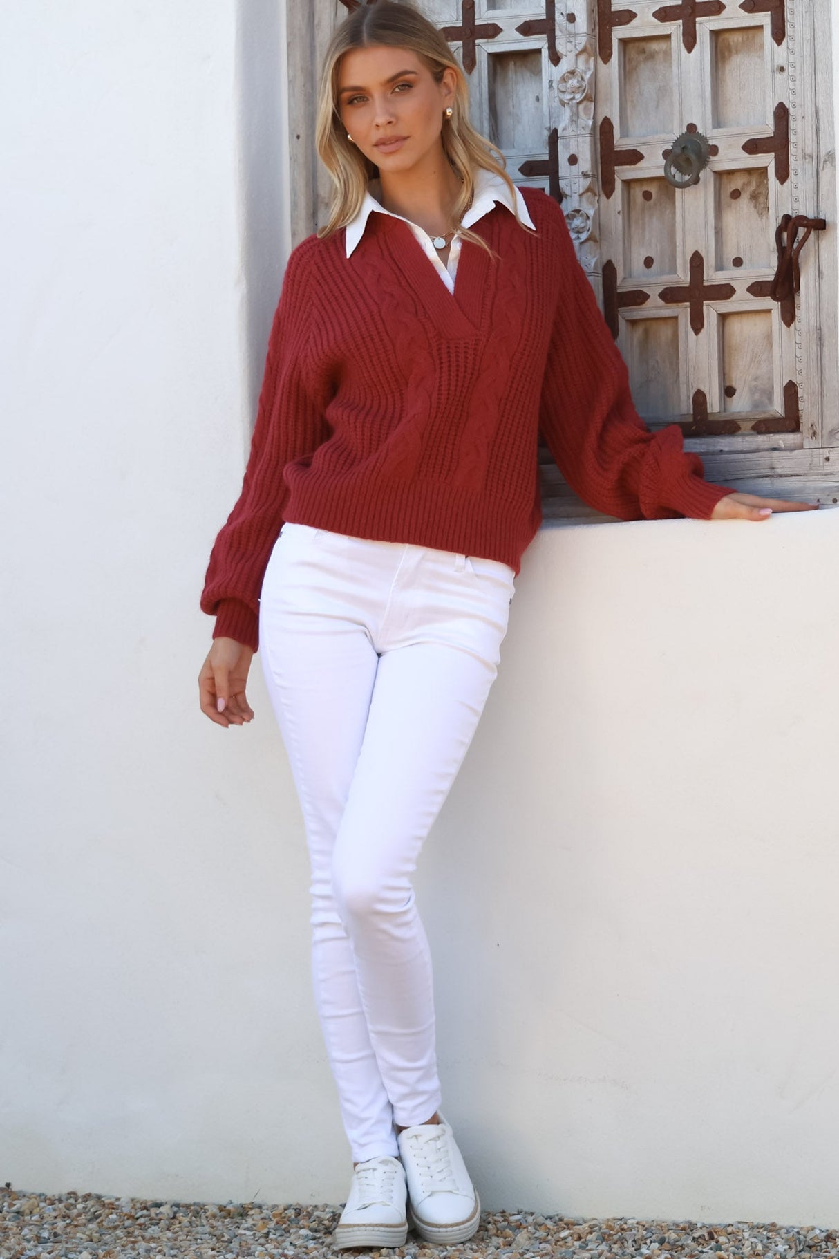 Cher Jumper - Sewn in Collar V-Neck Cable Knit Jumper in Wine