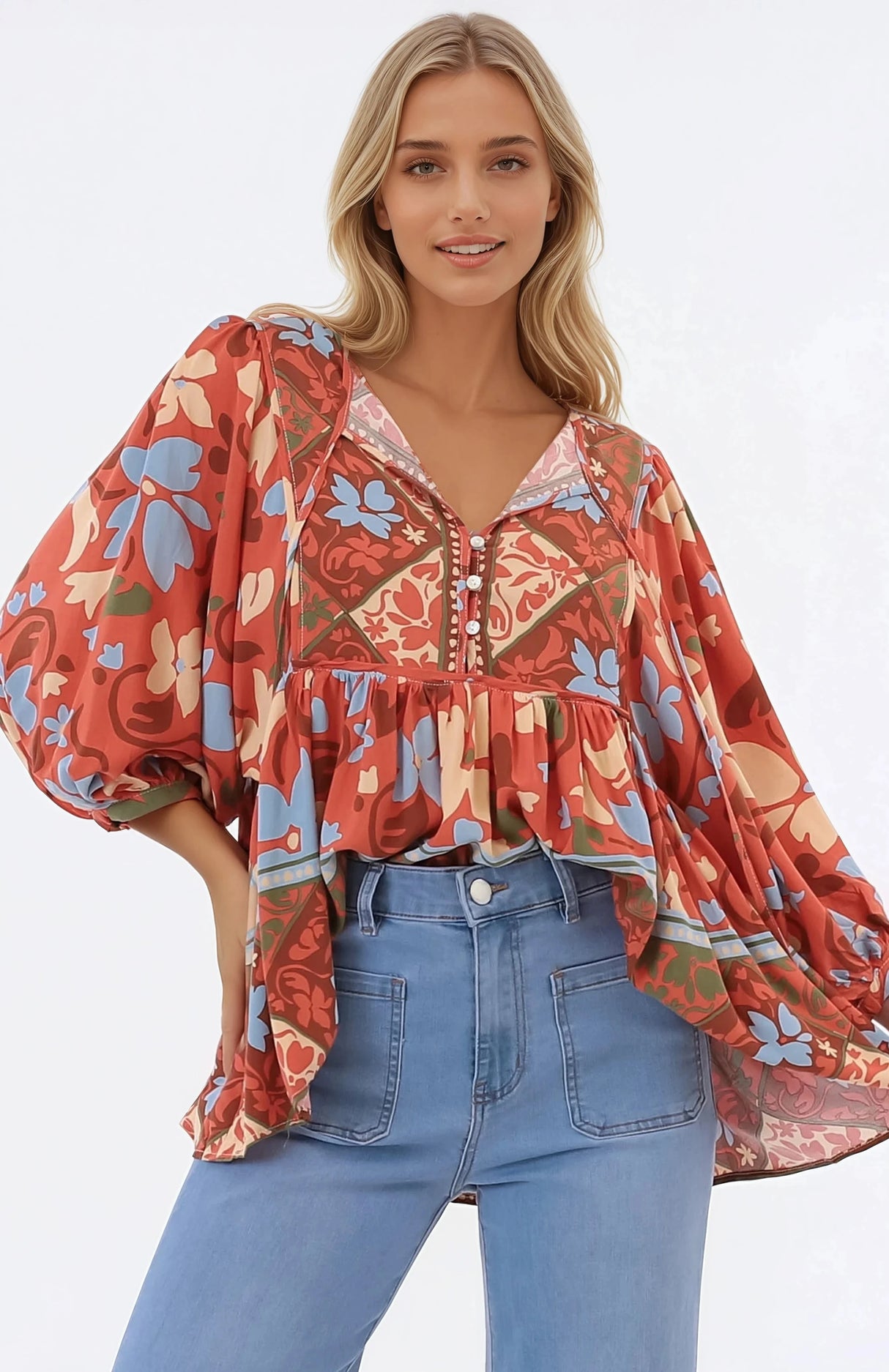 Chi Blouse - Balloon Sleeve Smock Blouse in Aella Print