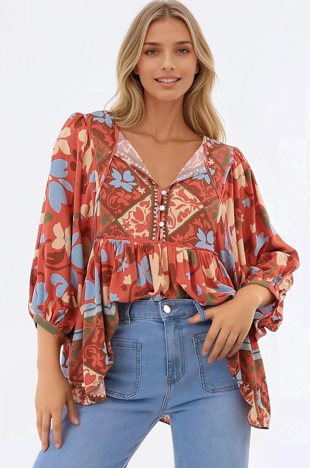 Chi Blouse - Balloon Sleeve Smock Blouse in Aella Print