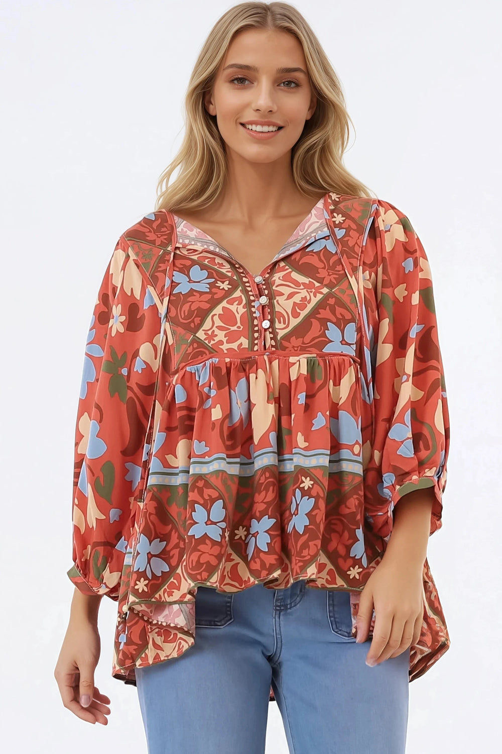 Chi Blouse - Balloon Sleeve Smock Blouse in Aella Print