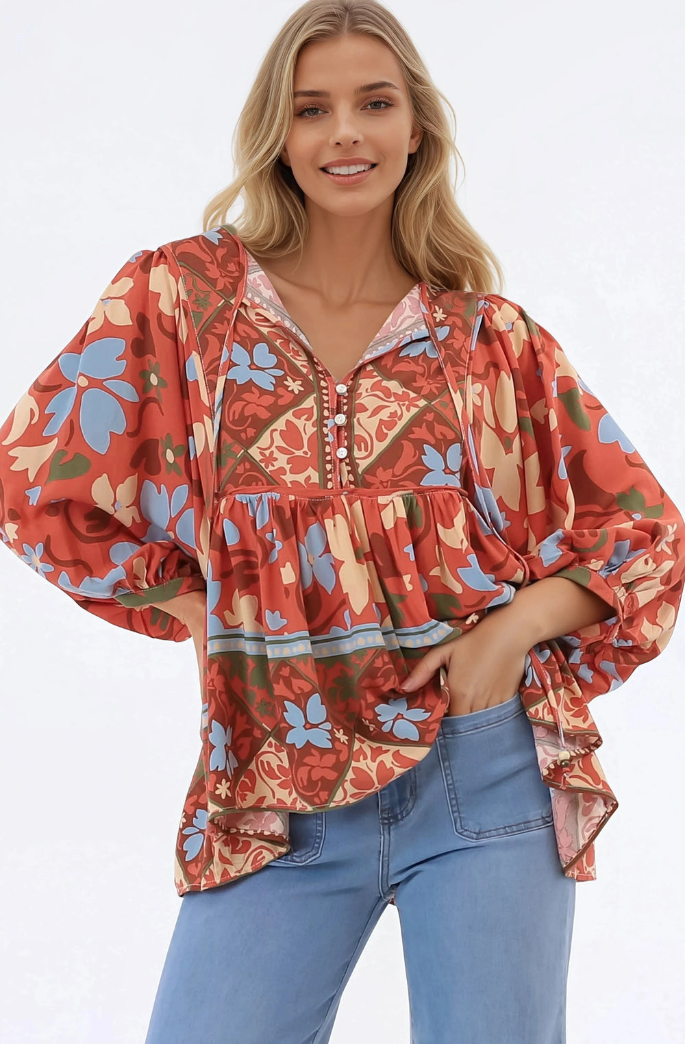 Chi Blouse - Balloon Sleeve Smock Blouse in Aella Print