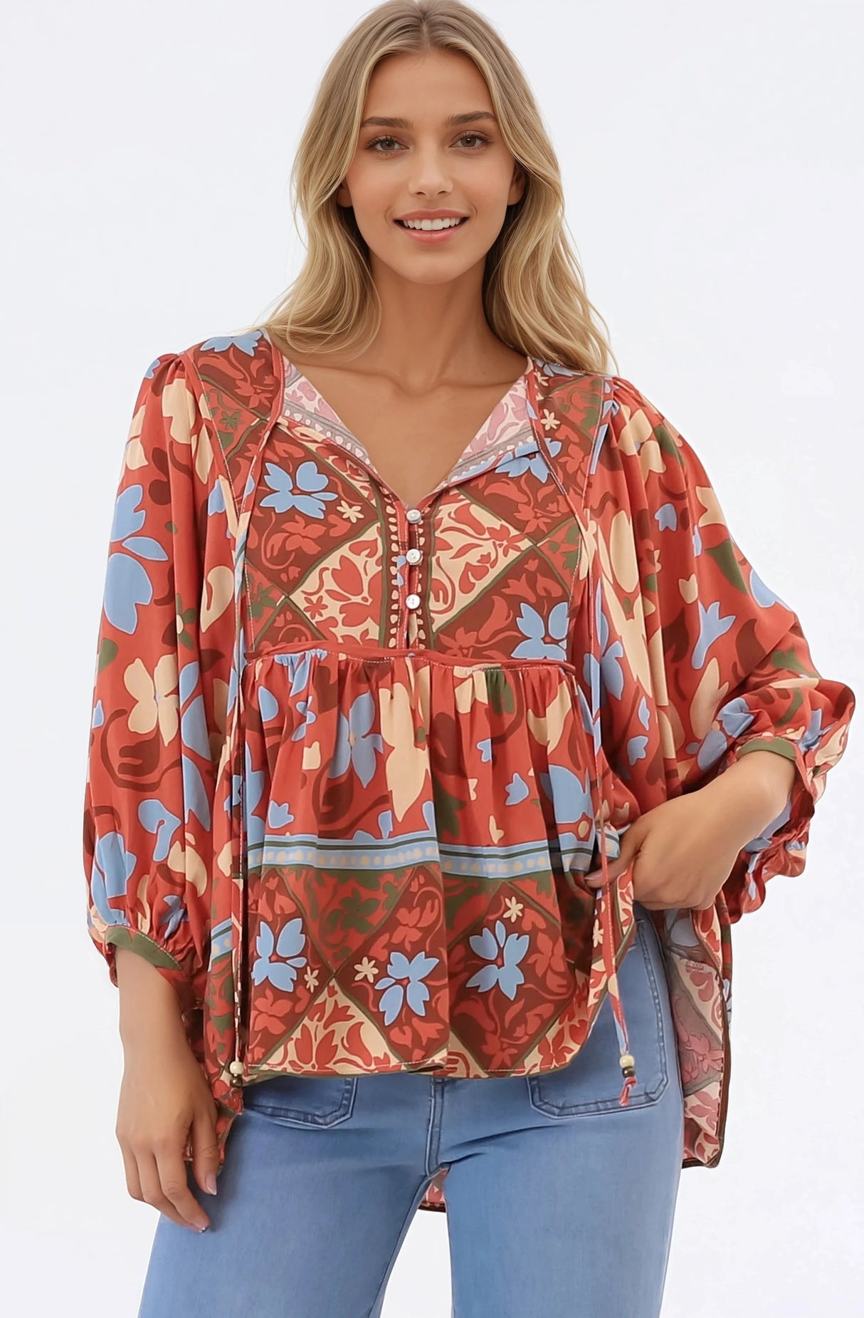 Chi Blouse - Balloon Sleeve Smock Blouse in Aella Print
