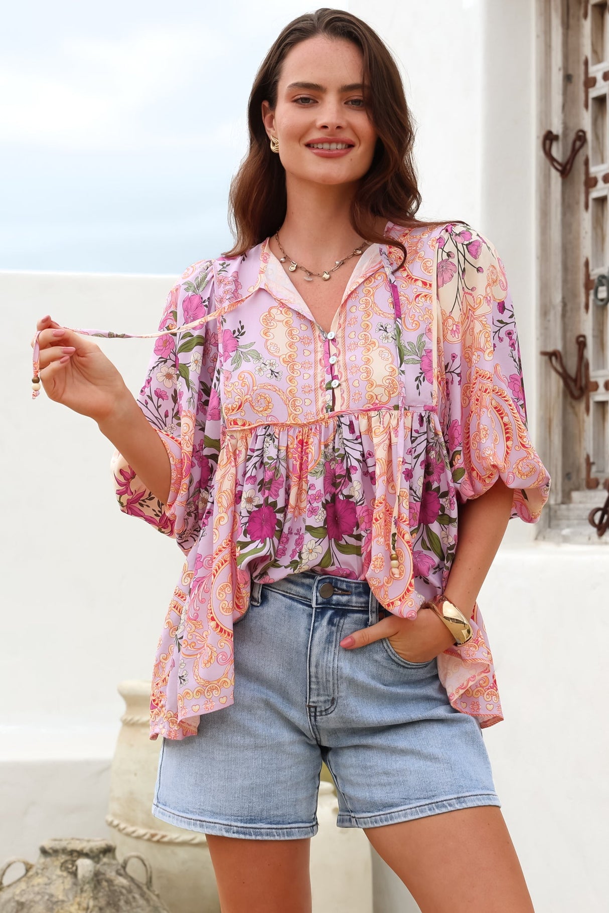 Chi Blouse - Balloon Sleeve Smock Blouse in Gesabelle Print