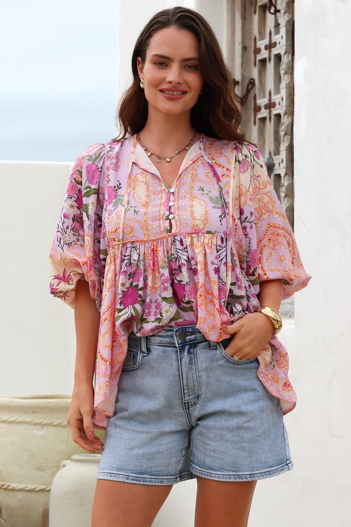 Chi Blouse - Balloon Sleeve Smock Blouse in Gesabelle Print