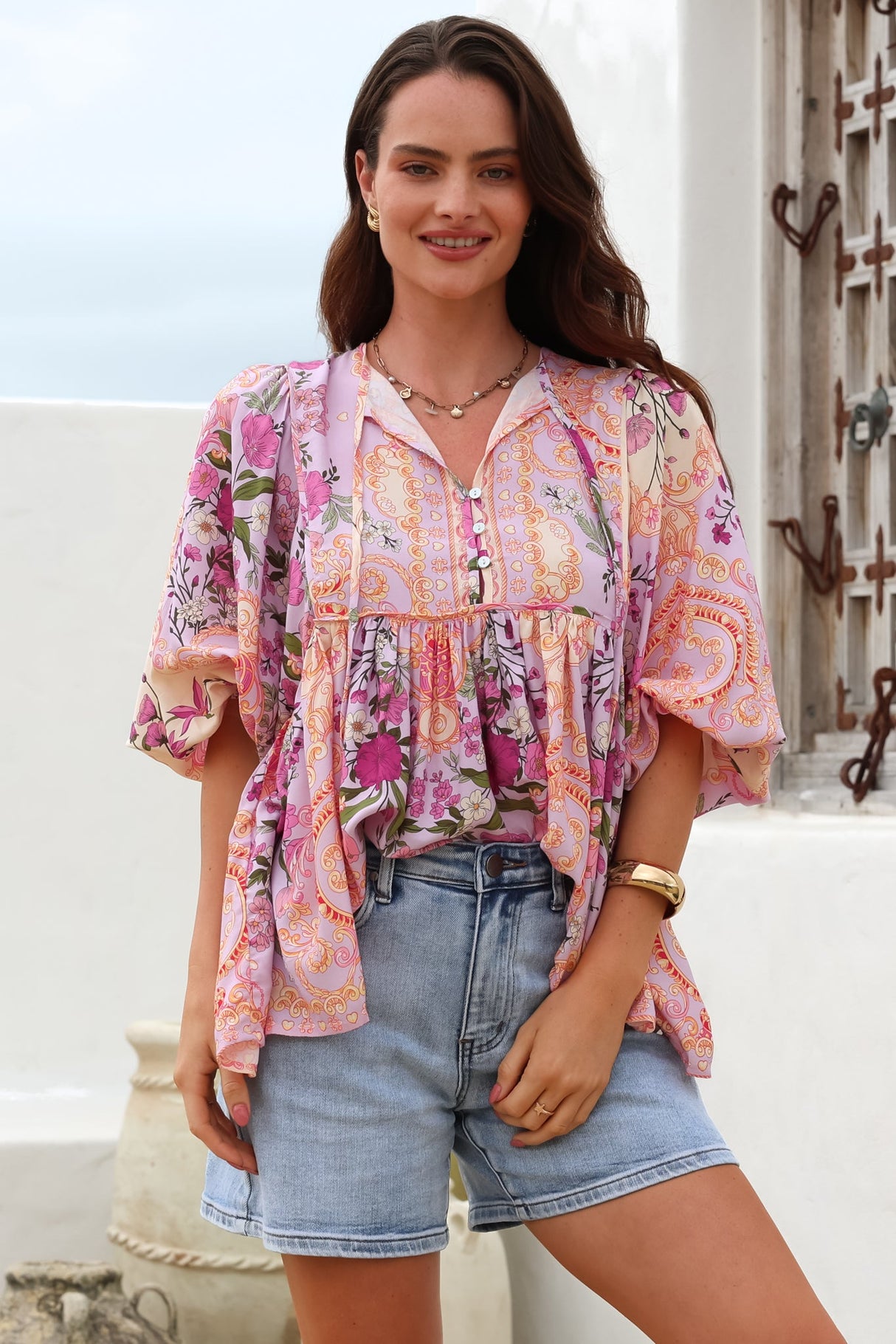 Chi Blouse - Balloon Sleeve Smock Blouse in Gesabelle Print