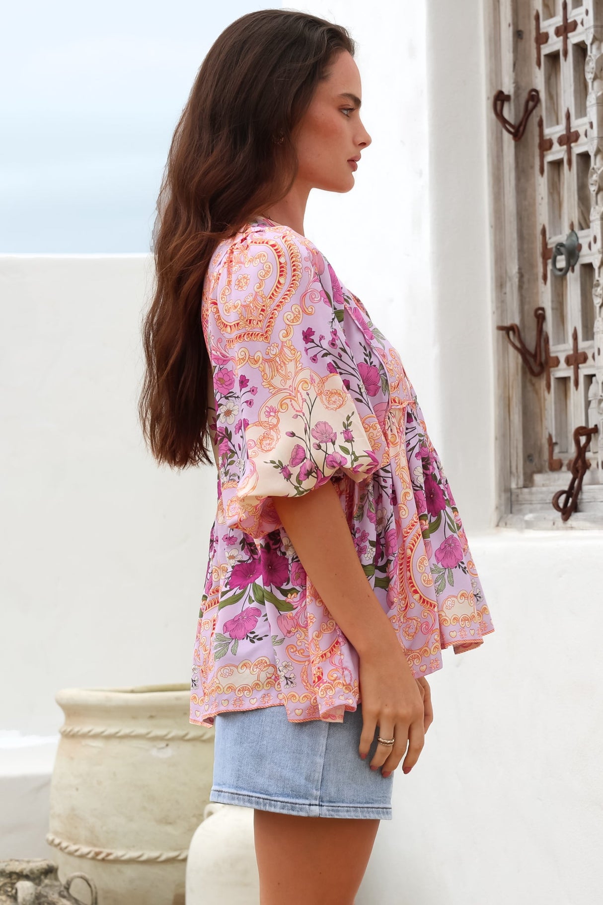 Chi Blouse - Balloon Sleeve Smock Blouse in Gesabelle Print