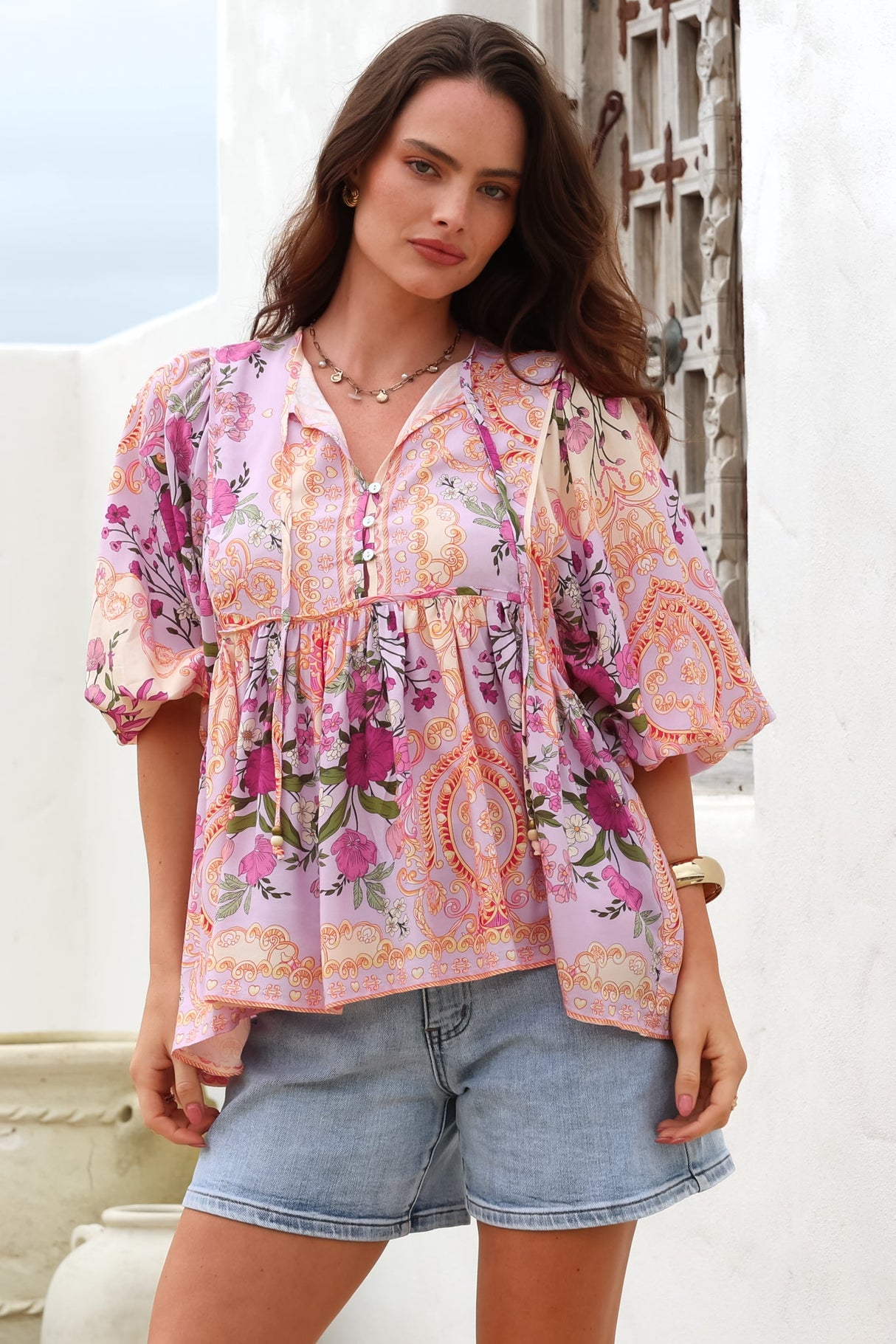Chi Blouse - Balloon Sleeve Smock Blouse in Gesabelle Print