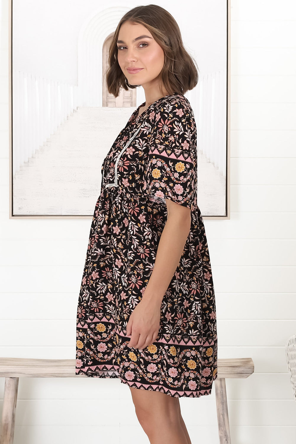 Chia Mini Dress - Babydoll Dress in Floral Amirah Print