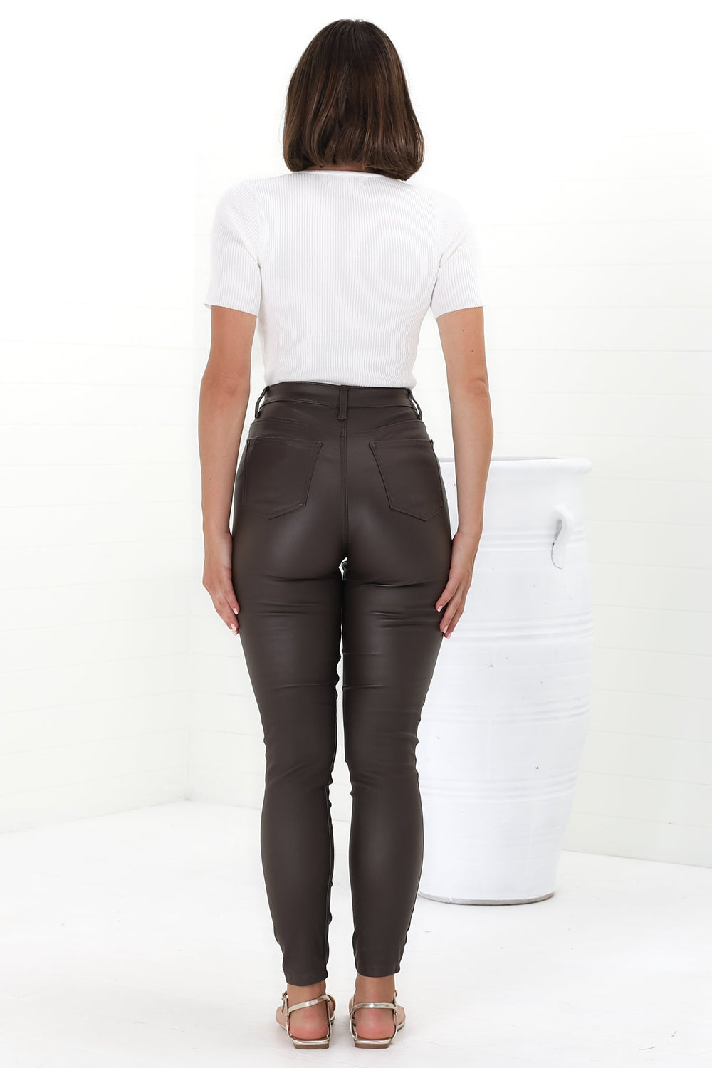 Chisel Jeans - Wet Look High Waisted Skinny Leg Pants in Chocolate