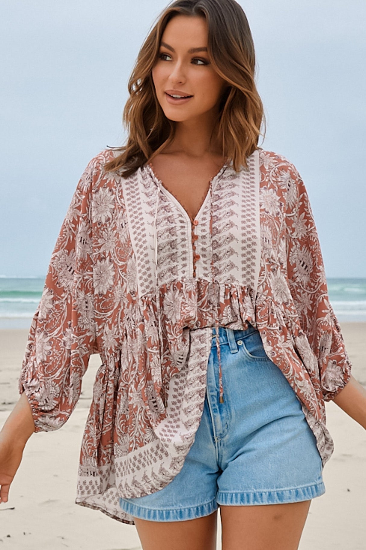 JAASE - Chloe Top: Very Oversized Crochet Trim Neckline Smock Top in Indah Print