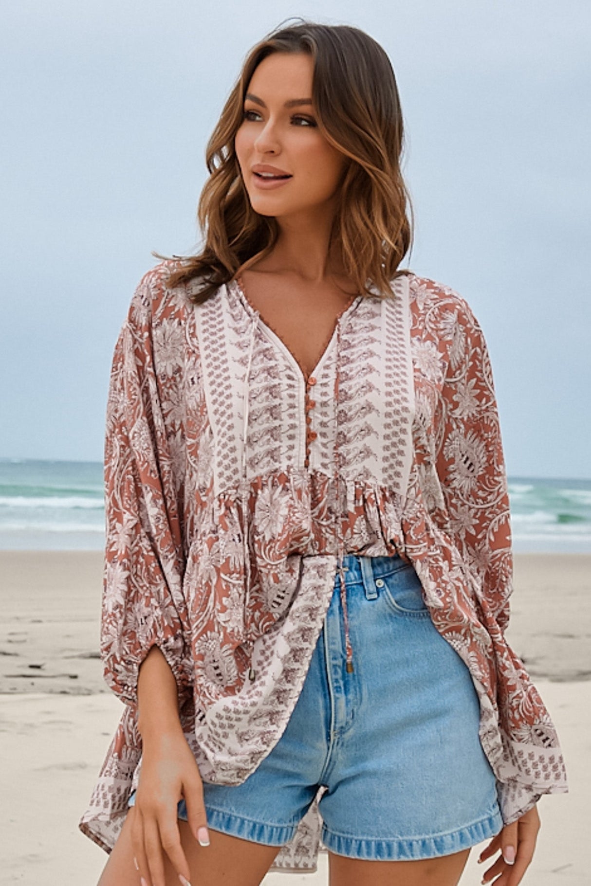JAASE - Chloe Top: Very Oversized Crochet Trim Neckline Smock Top in Indah Print