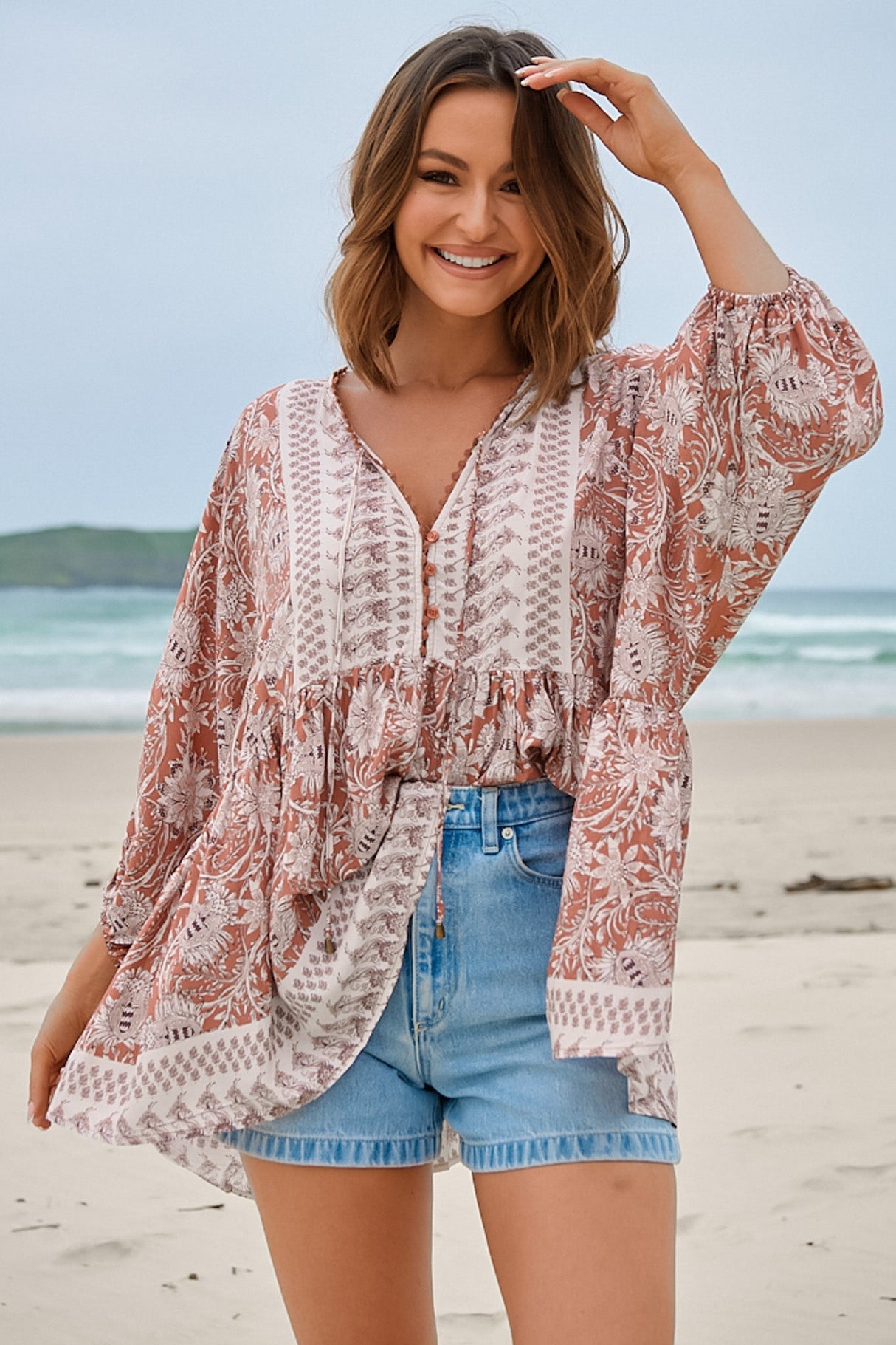JAASE - Chloe Top: Very Oversized Crochet Trim Neckline Smock Top in Indah Print