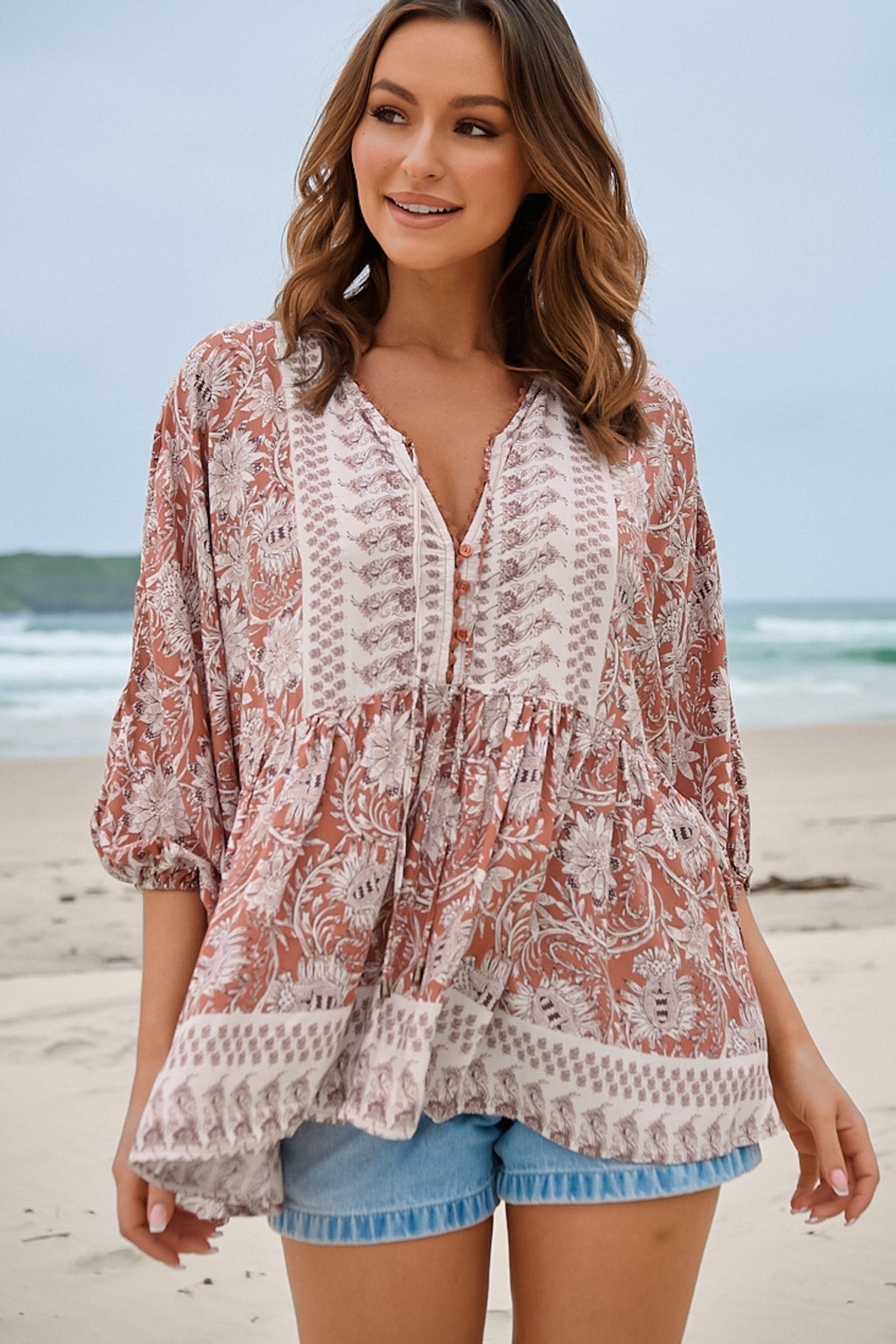 JAASE - Chloe Top: Very Oversized Crochet Trim Neckline Smock Top in Indah Print