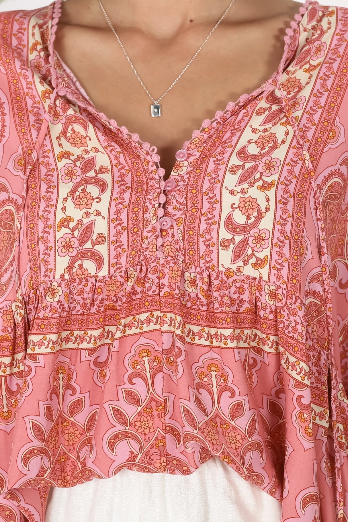 JAASE - Chloe Top: Very Oversized Crochet Trim Neckline Smock Top in Strawberries and Cream Print